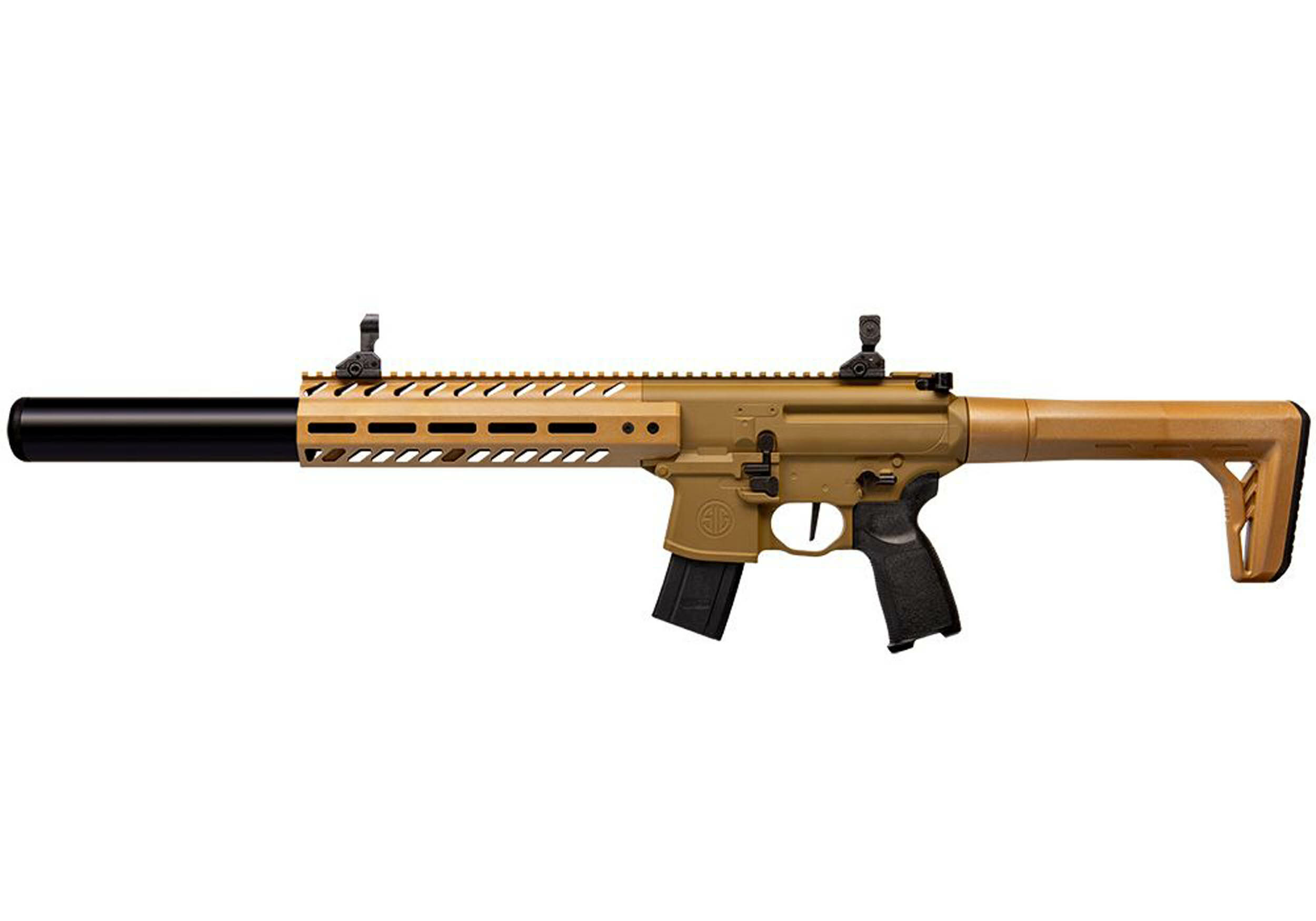 Carabine Sig Sauer MCX Air Gen2 sable vue du côté gauche, hausse et guidon relevés sur le rail