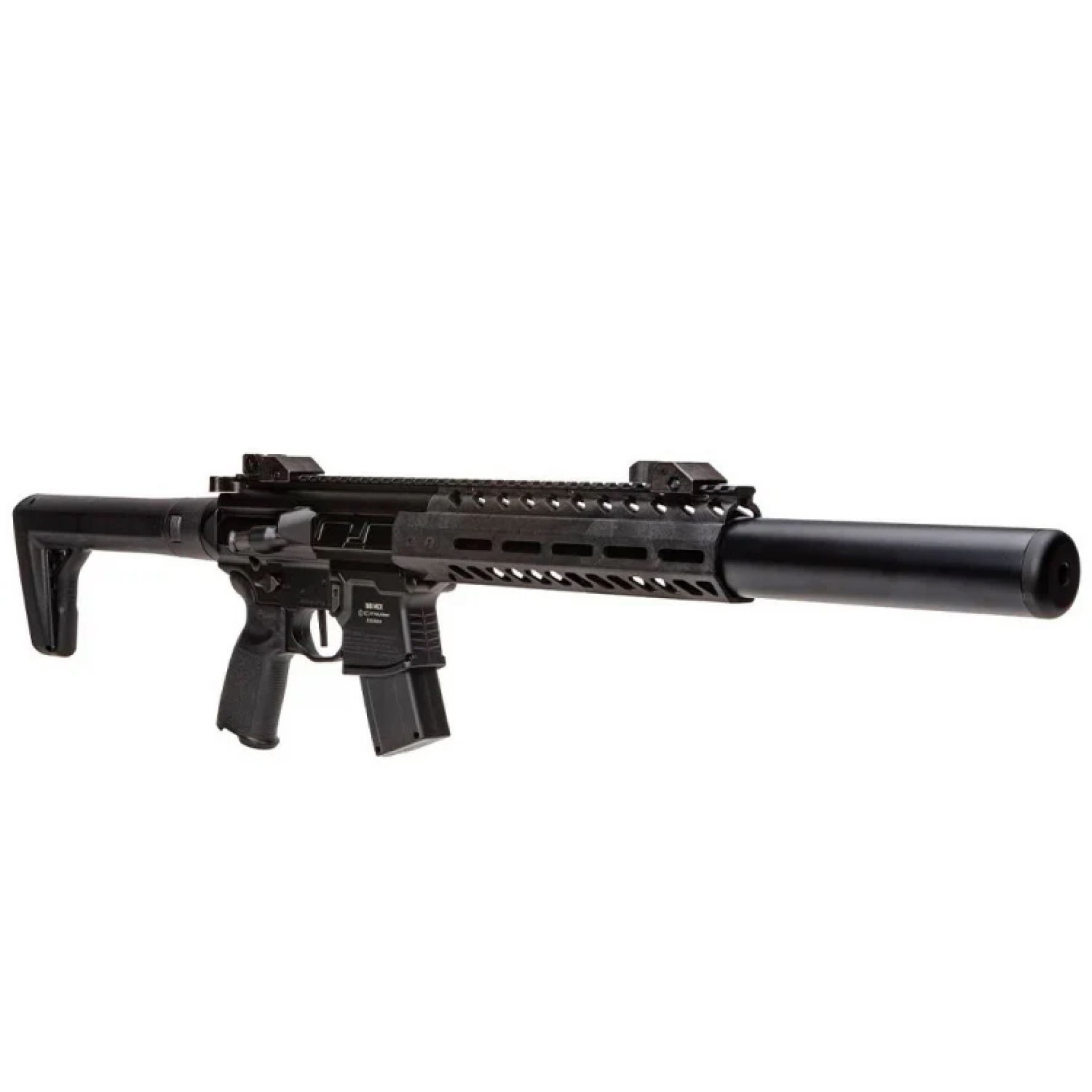 Carabine Sig Sauer MCX Gen 2 noire vue de trois quarts avant droit, hausse et guidon relevés
