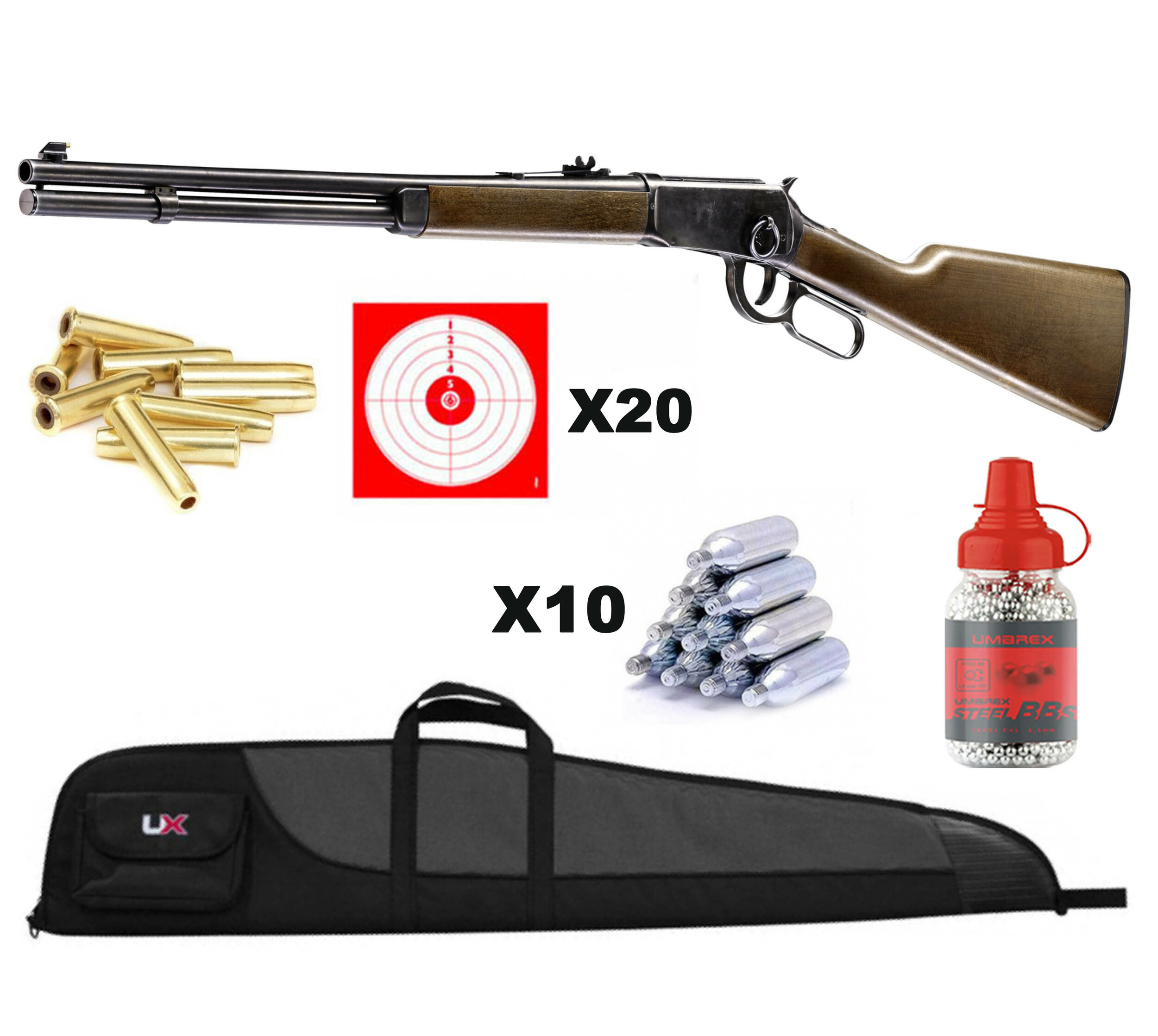 Pack Legends Cowboy Rifle : carabine à levier, fourreau UX, billes acier, 10 capsules de CO2, 20 cibles et douilles