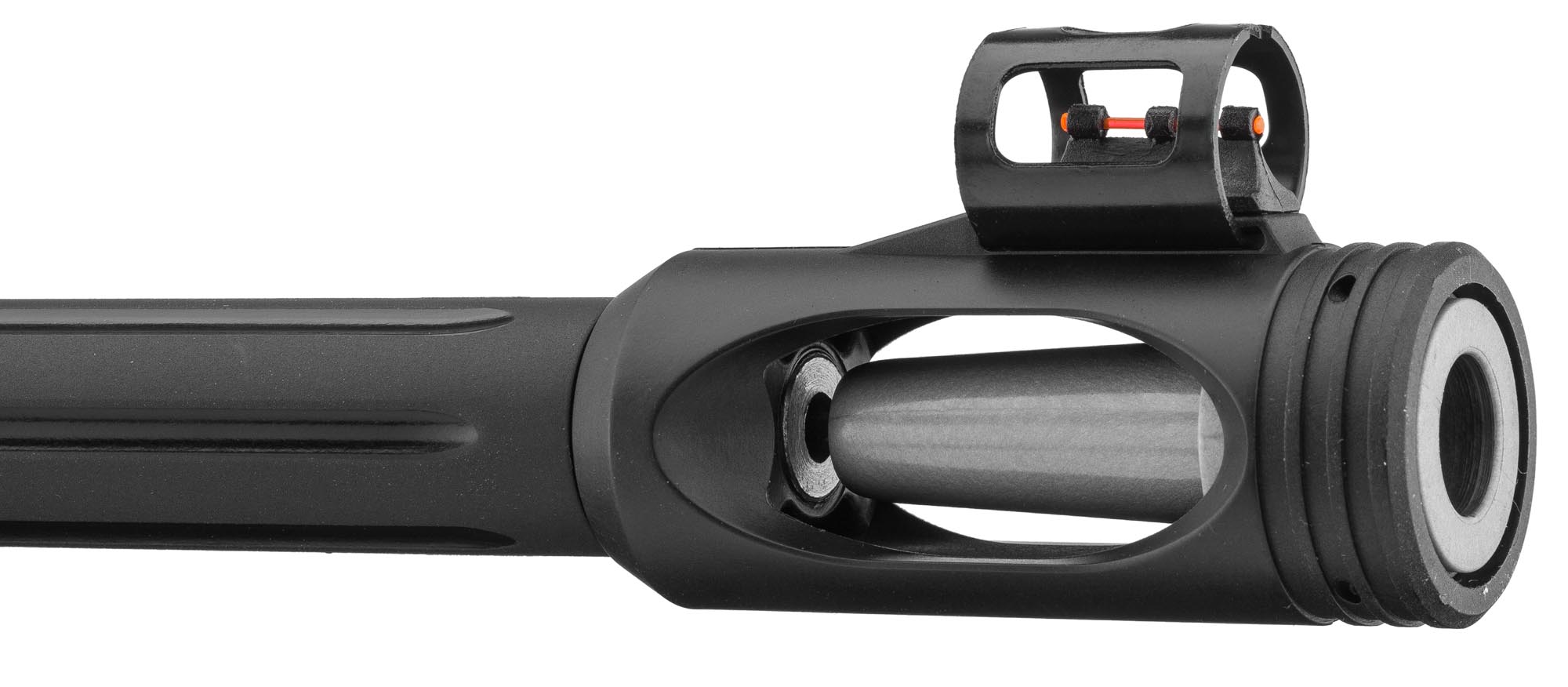 Bouche du canon de la Hunter 440 AS avec son guidon à fibre optique sous tunnel