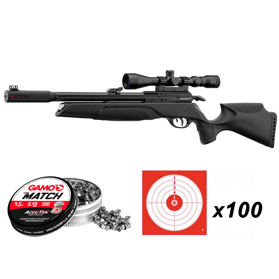 Pack Gamo Arrow : carabine PCP noire avec lunette, boîte de 500 plombs Gamo Match et 100 cibles