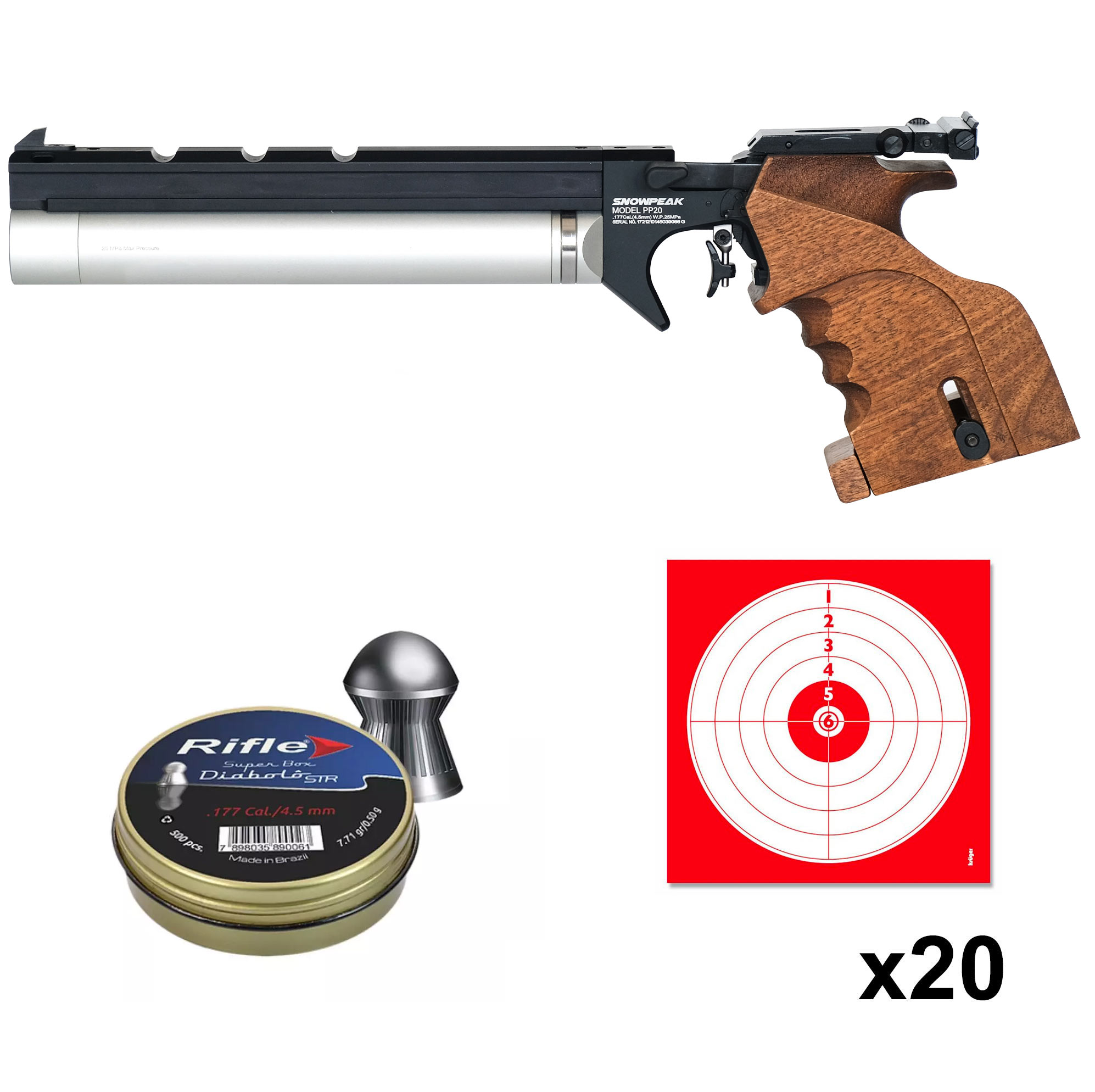 Pack Snowpeak PP20 Gen2 : pistolet PCP à crosse en bois, boîte de 500 plombs Rifle et 20 cibles