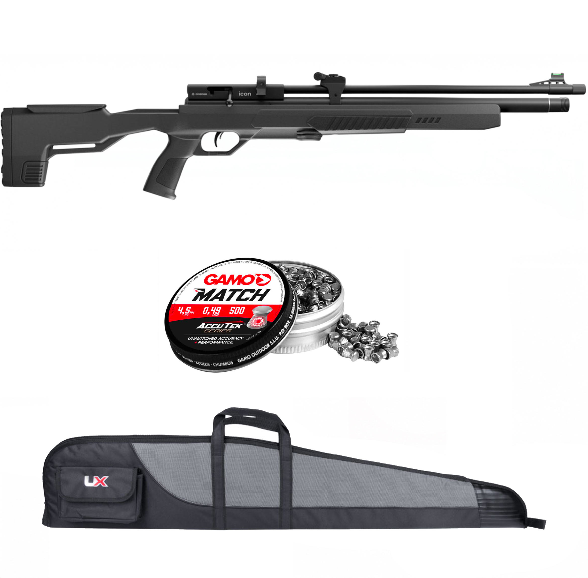 Pack Crosman Icon : carabine PCP noire, boîte de 500 plombs Gamo Match et fourreau UX gris et noir