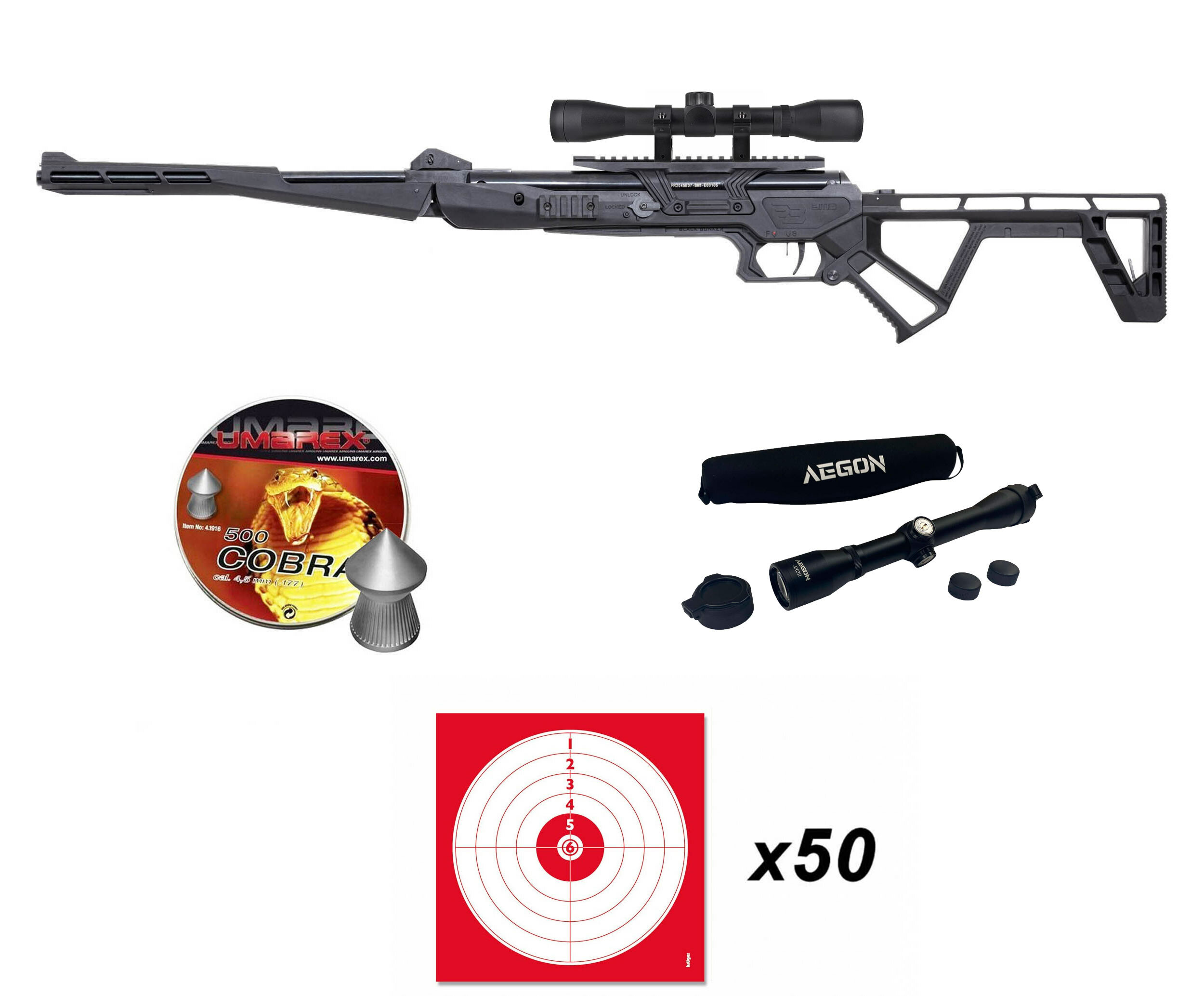 Pack Black Bunker BM8 Tactical : carabine noire avec lunette, lunette Aegon 4x32, plombs Cobra et 50 cibles