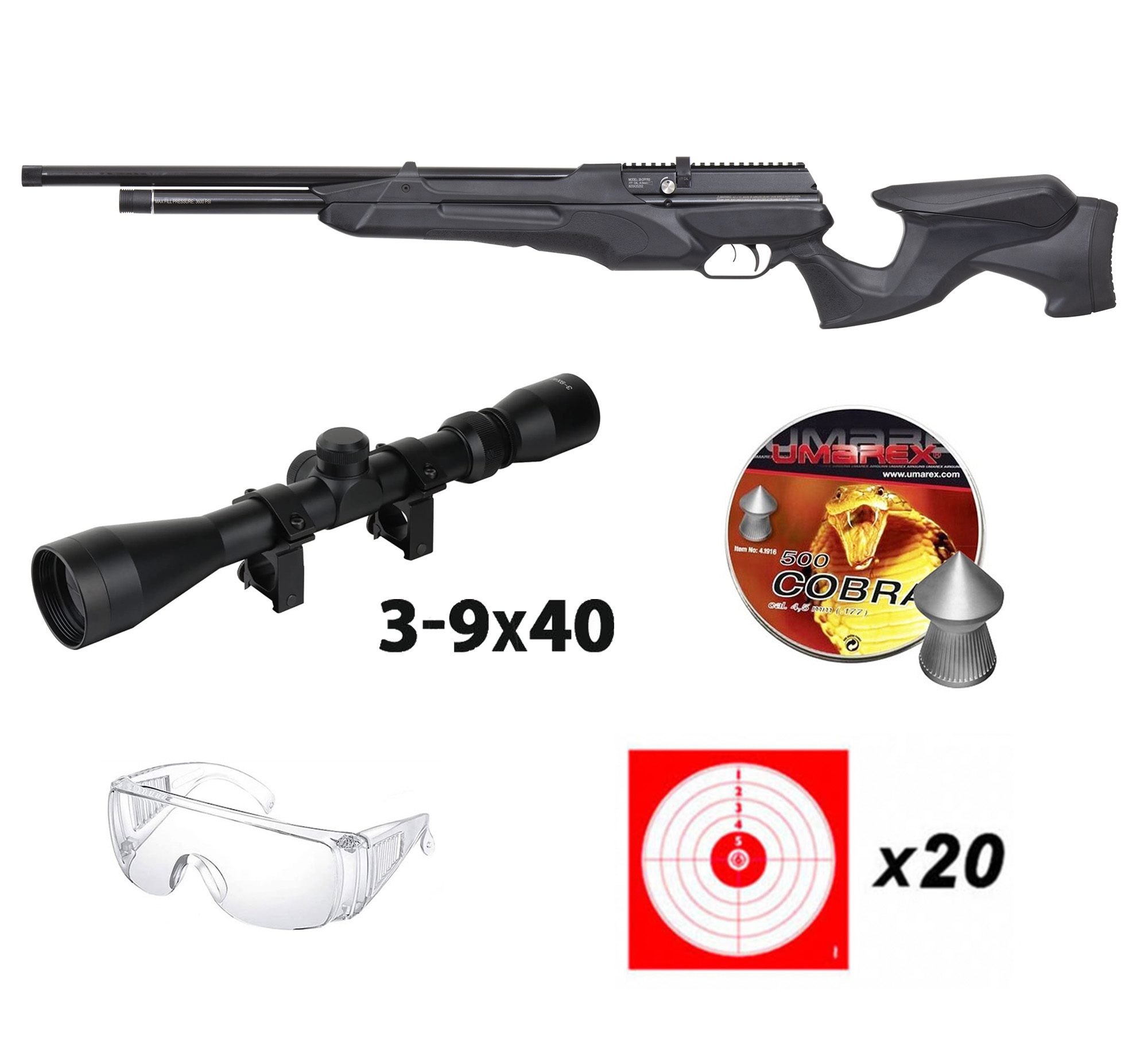 Pack Crosman Prospect : carabine PCP noire, lunette 3-9x40, plombs Cobra, lunettes de protection et 20 cibles