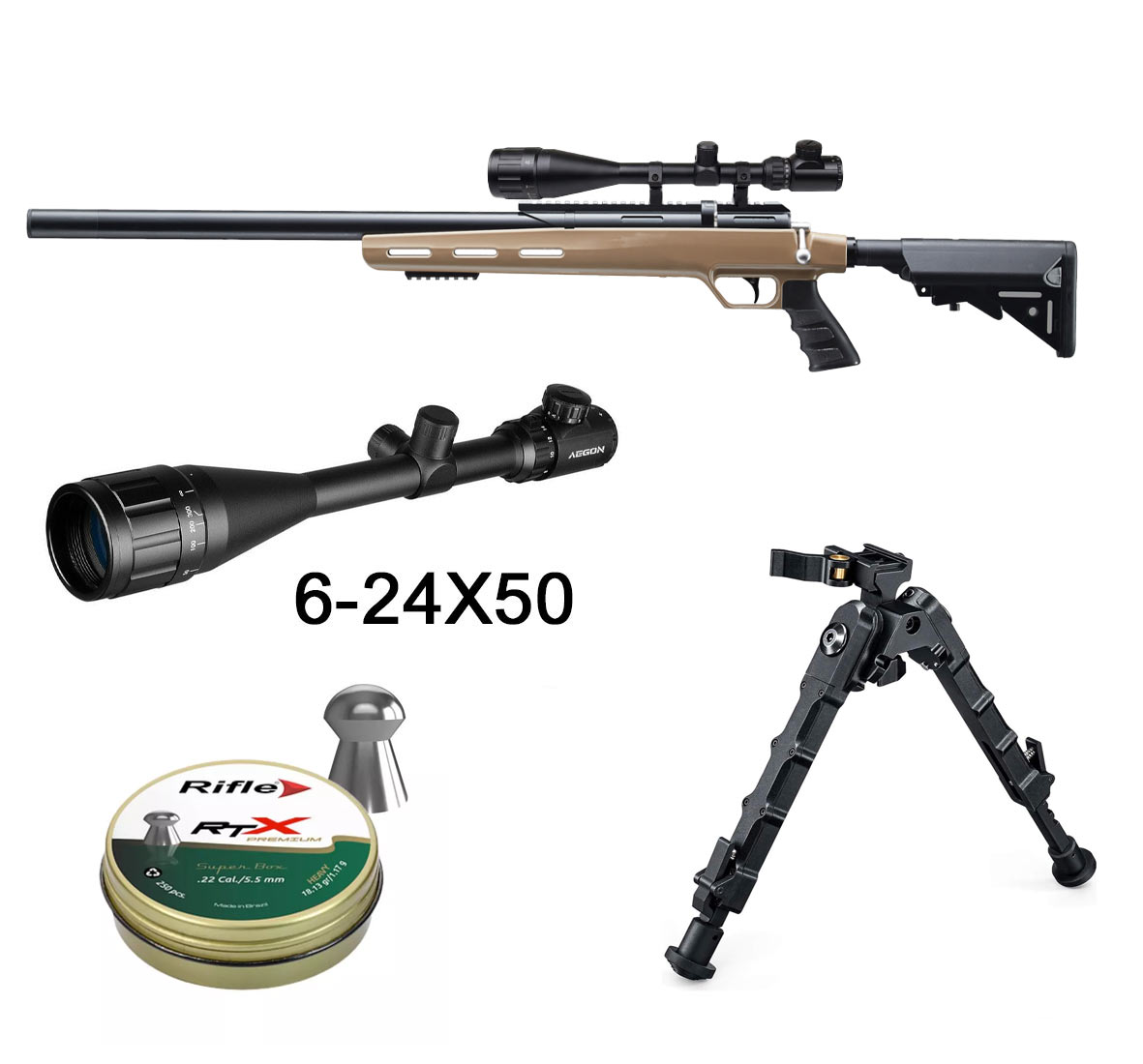 Pack Snowpeak M30C : carabine sable et noire, lunette 6-24x50, bipied et boîte de plombs Rifle