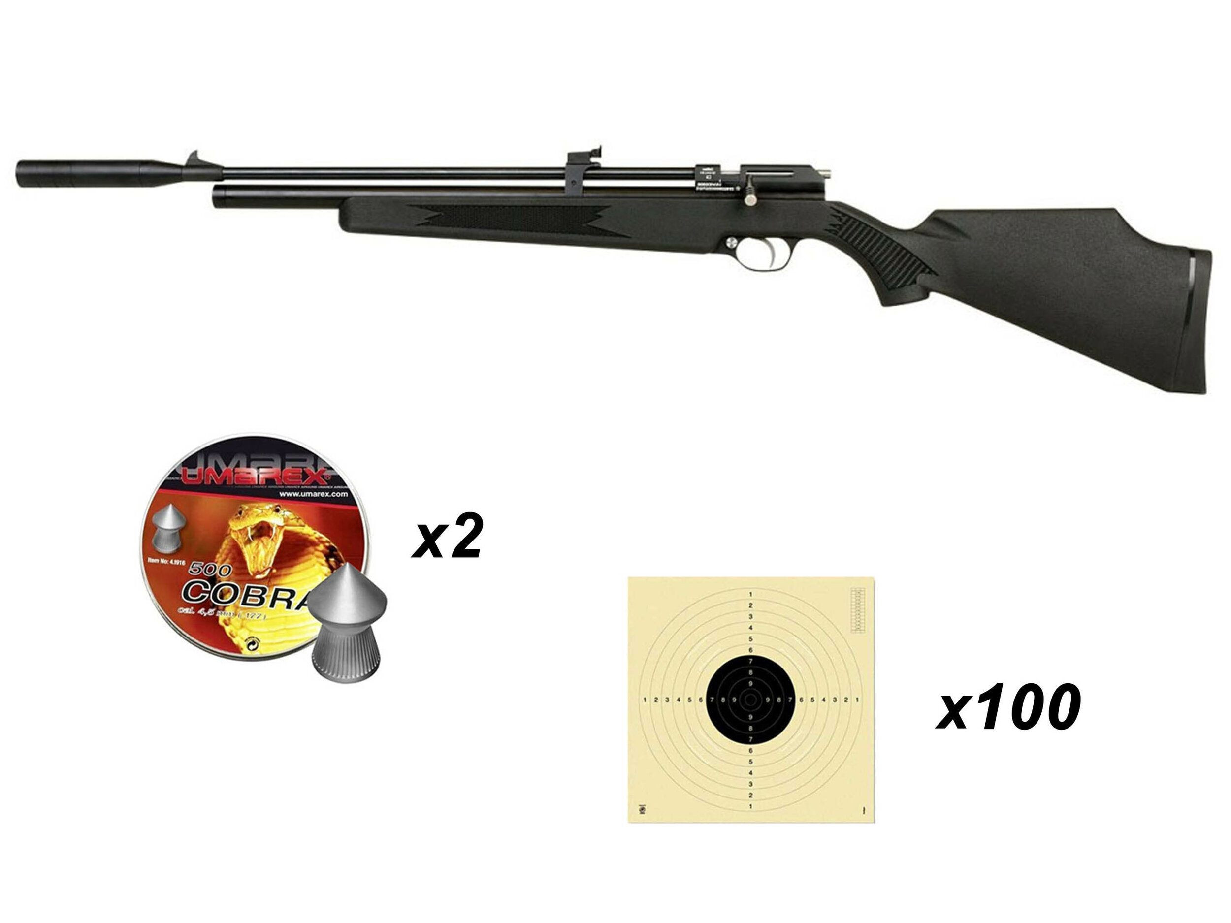Pack Snowpeak PR900 G2 : carabine à crosse synthétique noire, deux boîtes de plombs Cobra et 100 cibles