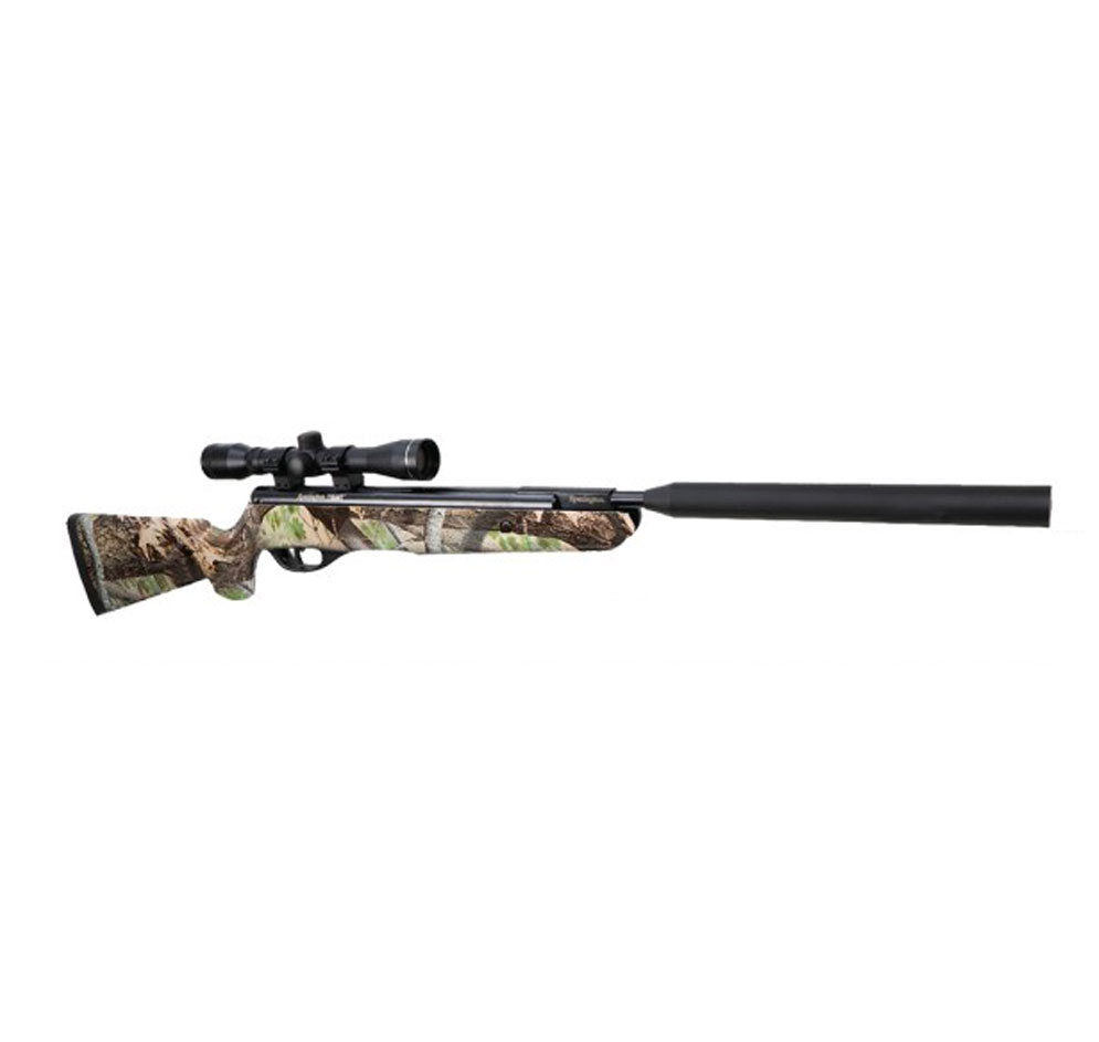 Carabine Remington Tyrant Camo à crosse camouflage, lunette 4x32 montée et modérateur de son noir