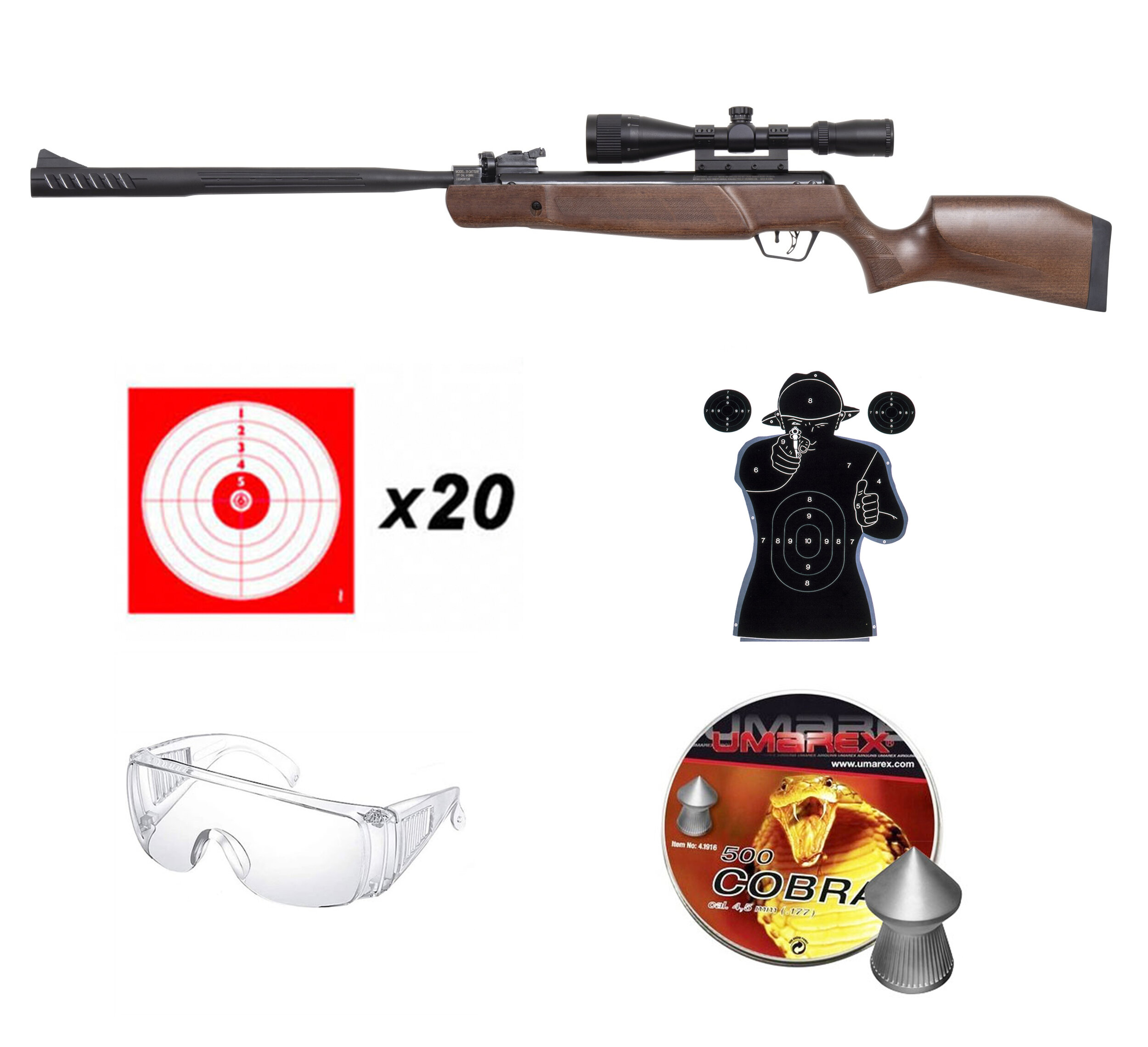 Pack Crosman Mag Fire Trailhawk : carabine à crosse bois avec lunette, 20 cibles, cible silhouette, lunettes et plombs Cobra