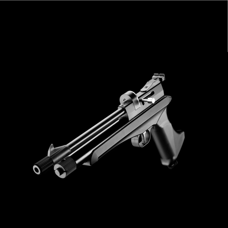 Artemis CP2 noir en configuration pistolet, vu de trois quarts avant sur fond noir
