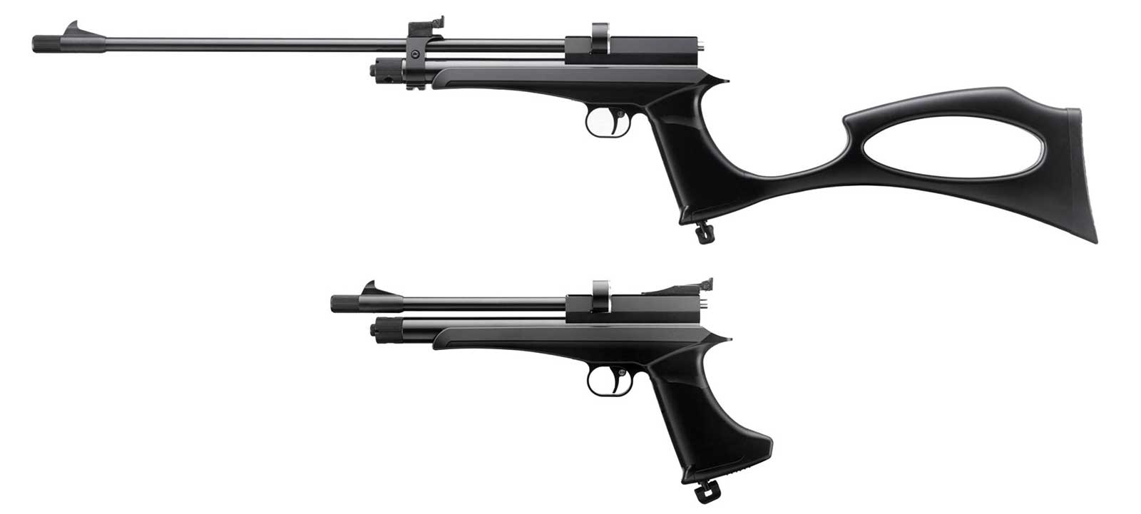 Artemis CP2 noir présenté en carabine avec crosse et canon long, puis en pistolet