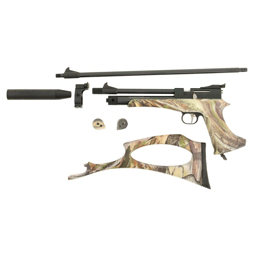 Pièces de l’Artemis CP2 camouflage : pistolet, canon long, crosse, modérateur de son et deux barillets