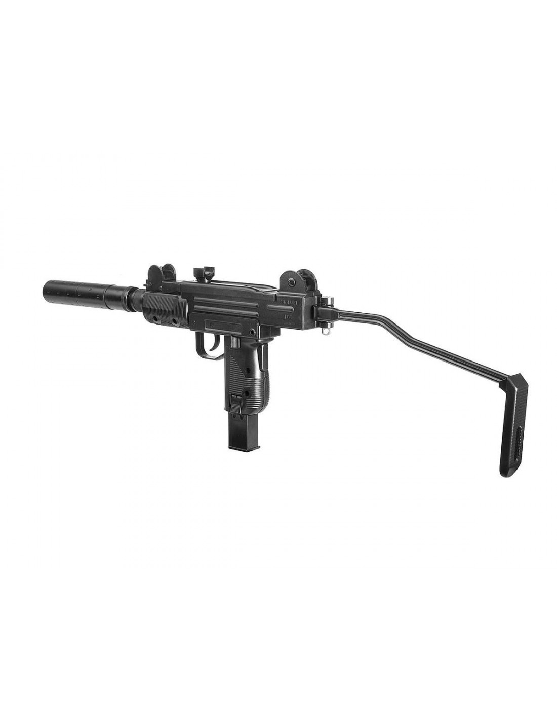 Mini Uzi Umarex à CO2, crosse dépliée et faux modérateur de son monté, vu de trois quarts