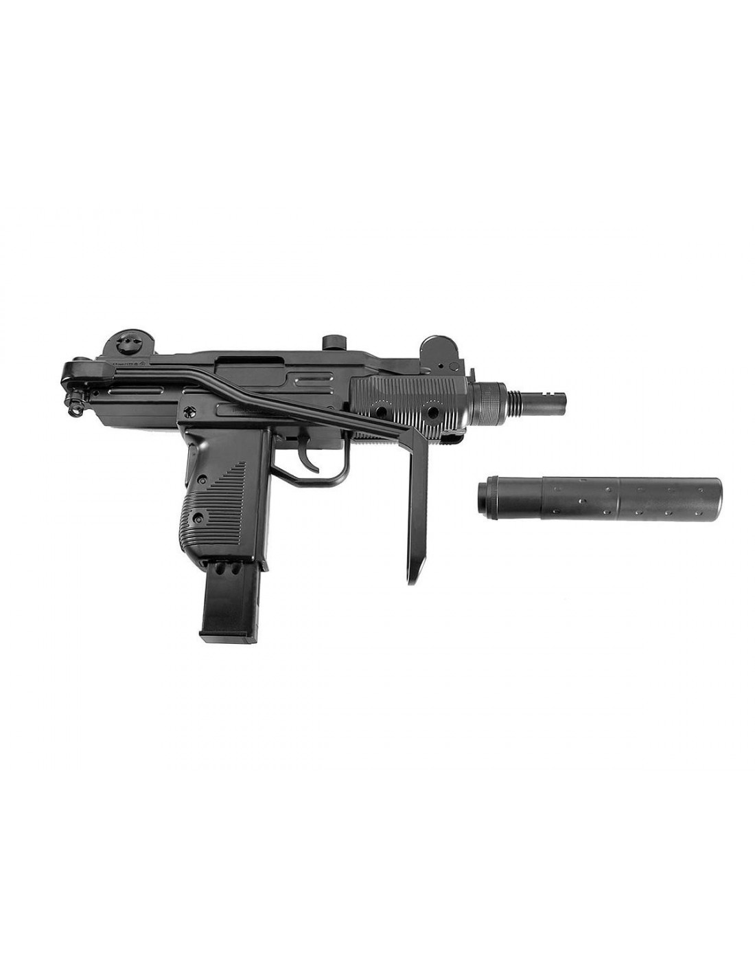 Mini Uzi Umarex vu du côté droit, crosse repliée le long du boîtier, faux modérateur de son à côté