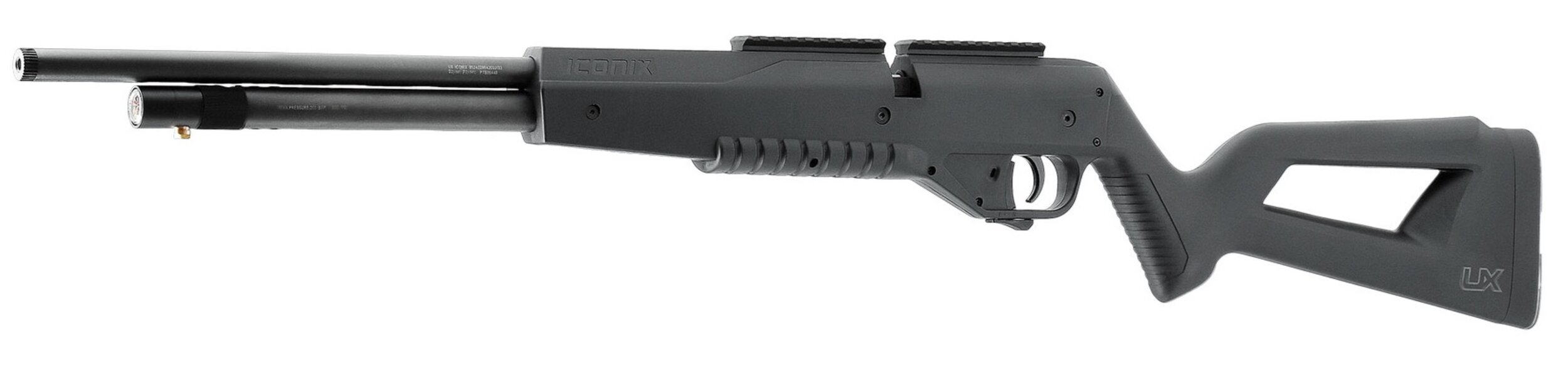 Carabine PCP Umarex Iconix noire vue du côté gauche, crosse ajourée et rail Picatinny