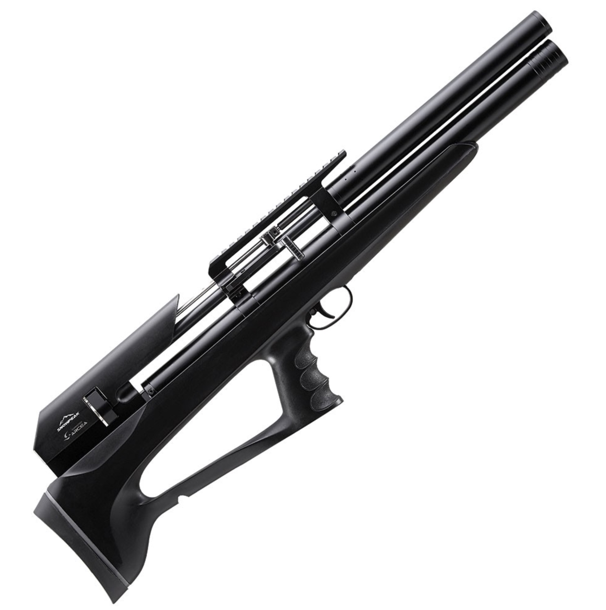 Snowpeak P35 vue en biais, canon vers le haut, levier de culasse latéral et poignée pistolet