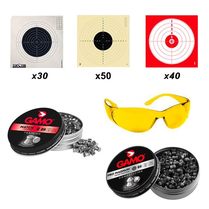 Contenu du pack 5,5 mm : trois modèles de cibles (x30, x50, x40), lunettes jaunes et deux boîtes de plombs Gamo