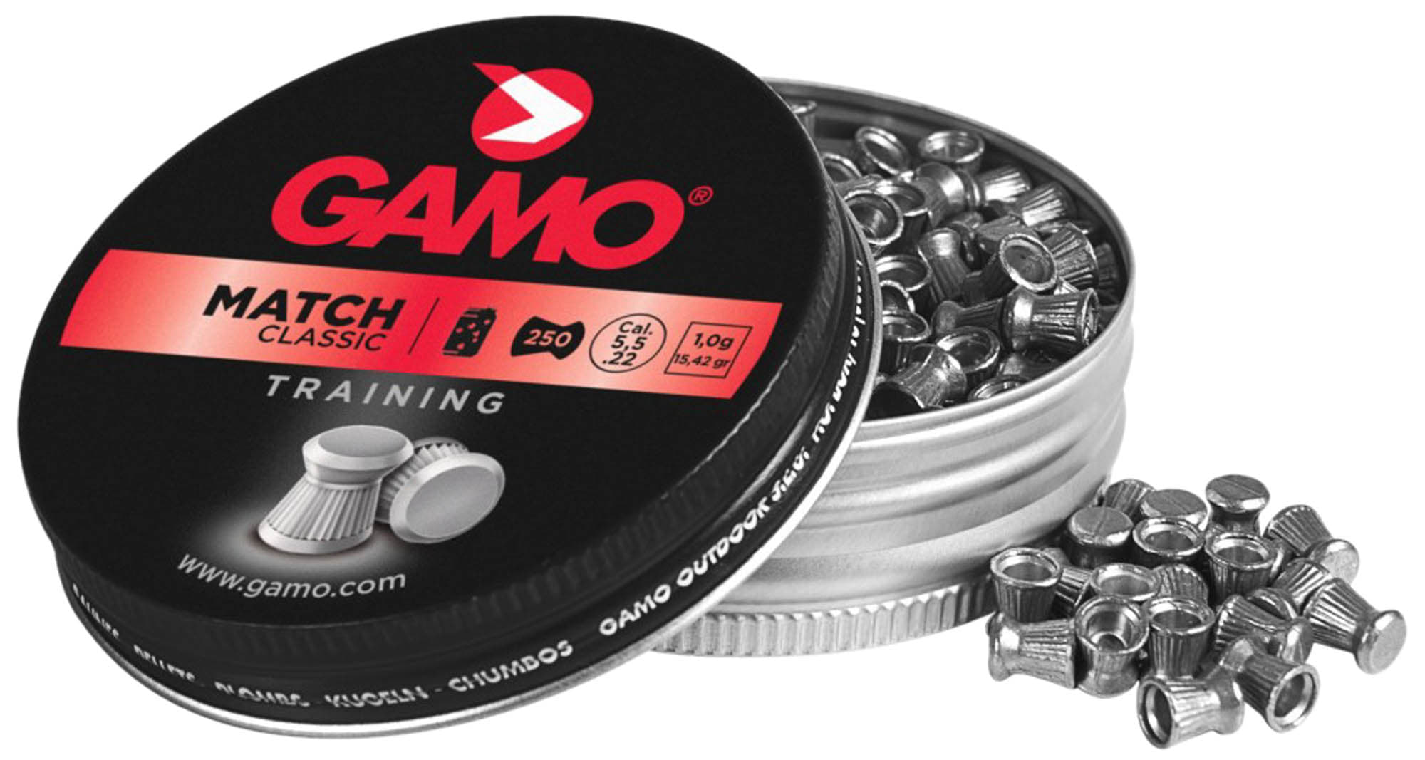 Boîte de 250 plombs Gamo Match Classic calibre 5,5 mm ouverte, plombs à tête plate