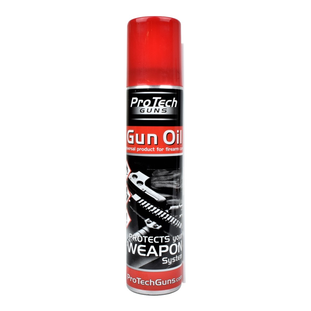Aérosol ProTech Guns Gun Oil de 100 ml, capuchon rouge, étiquette noire et rouge