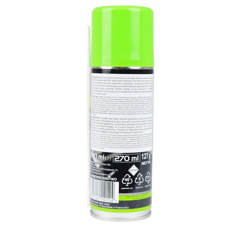 Dos de l’aérosol d’huile silicone avec la notice et la mention 200 ml