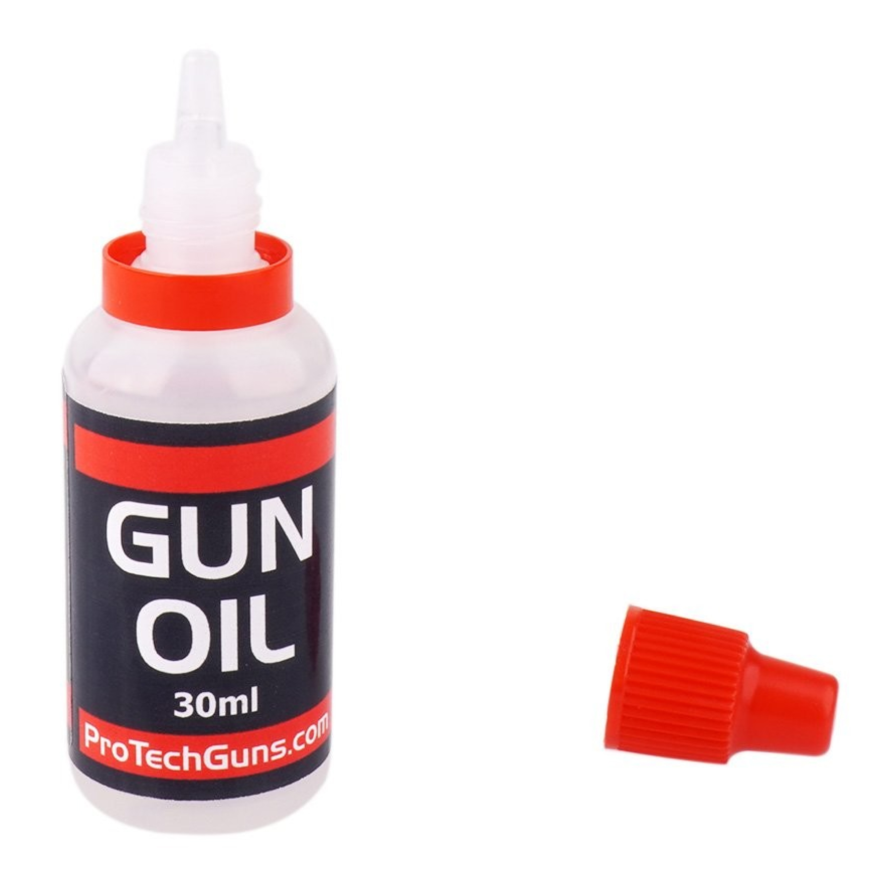 Flacon Gun Oil 30 ml ouvert, embout compte-gouttes blanc visible, bouchon rouge posé à côté