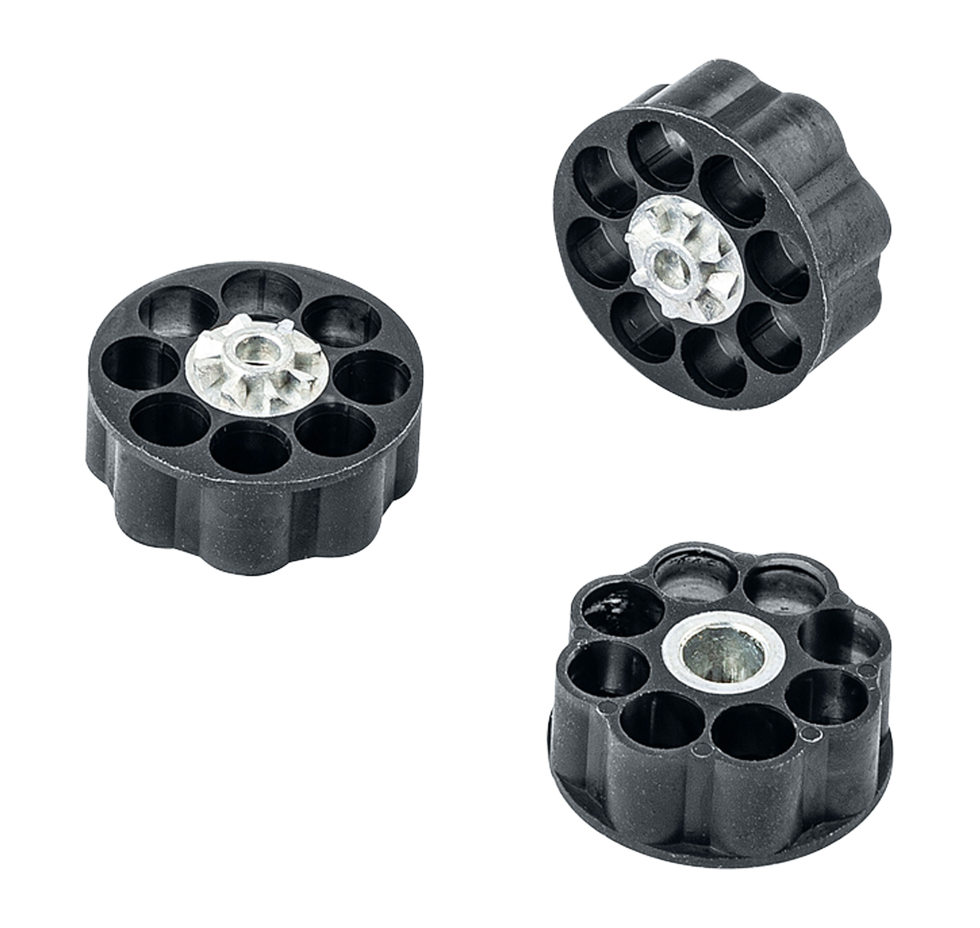 Trois barillets noirs de 8 coups pour Glock 17 Umarex, deux côté étoile métallique, un côté bague lisse
