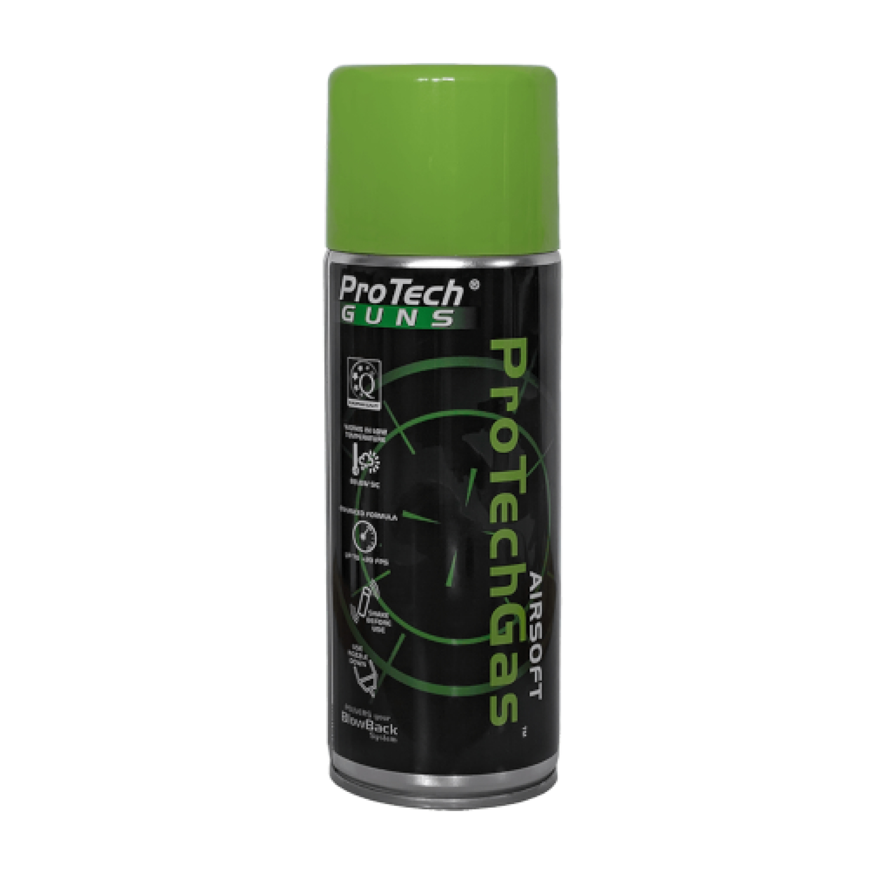 Bouteille de gaz airsoft ProTech Guns noire et verte, capuchon vert, mention ProTech Gas Airsoft