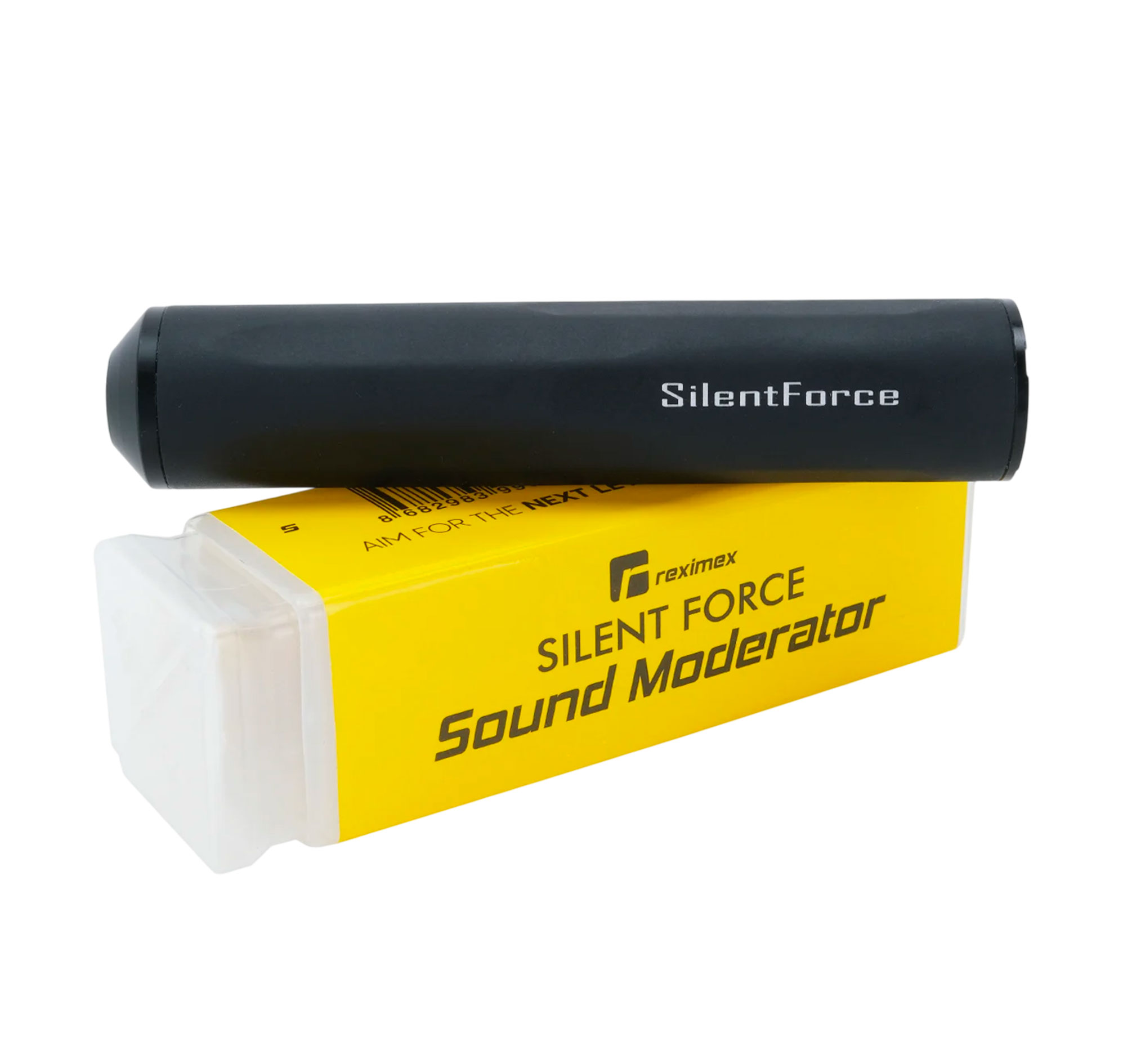 Modérateur de son Reximex SilentForce noir mat posé sur son étui jaune au logo Reximex