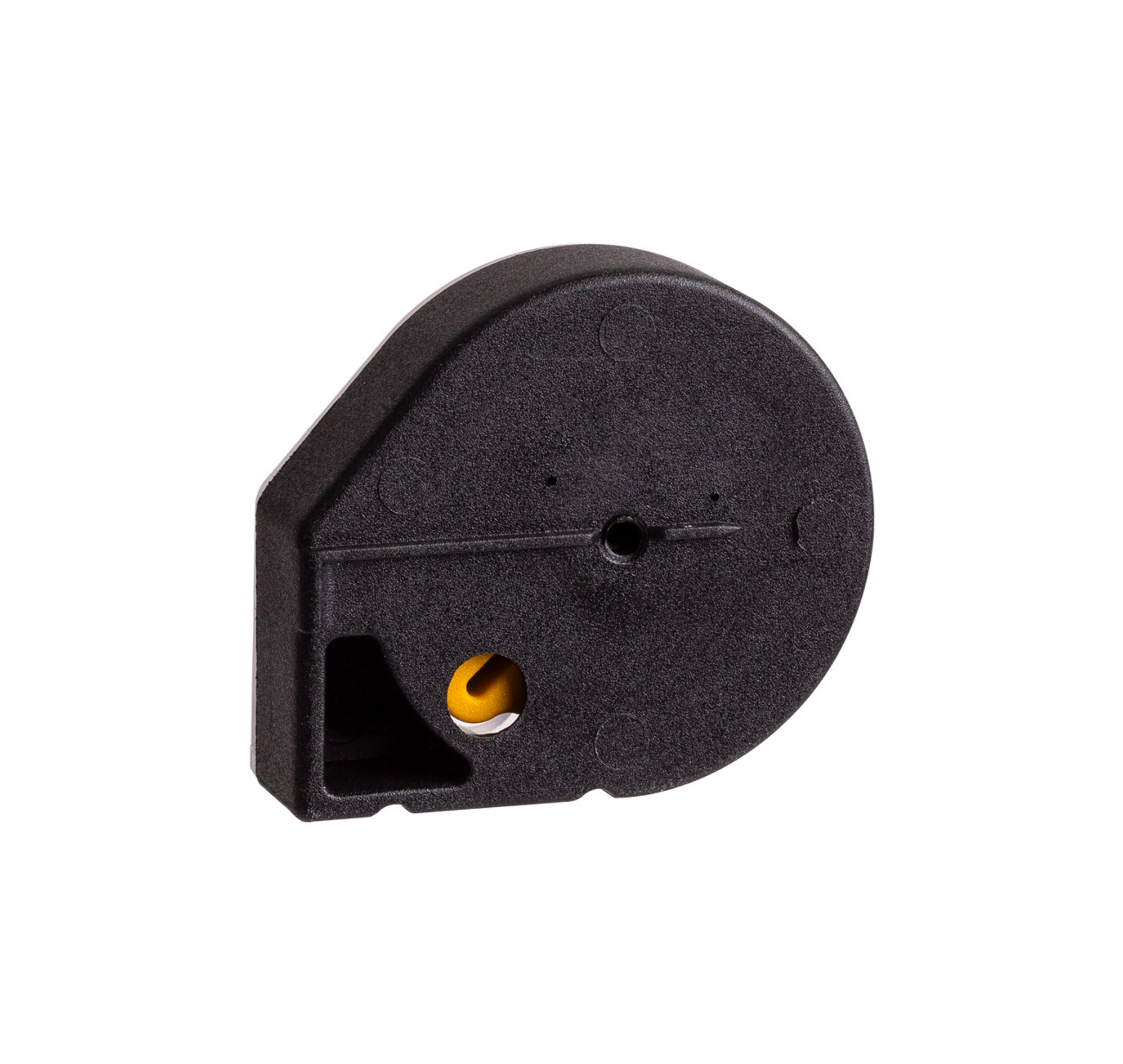 Dos du chargeur Reximex 12 coups en plastique noir, rotor jaune visible par un orifice rond