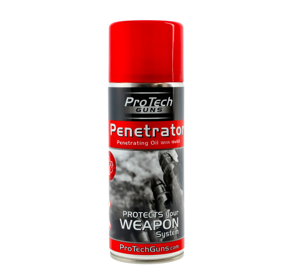 Bombe aérosol ProTech Guns Penetrator à capuchon rouge, étiquette grise et rouge