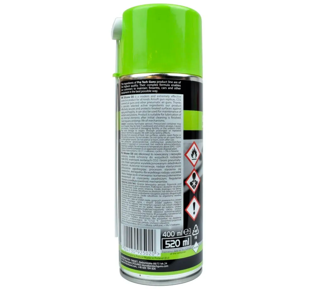 Dos de la bombe Silicone Oil : notice, pictogrammes de danger, mention 400 ml et tube prolongateur sur le côté