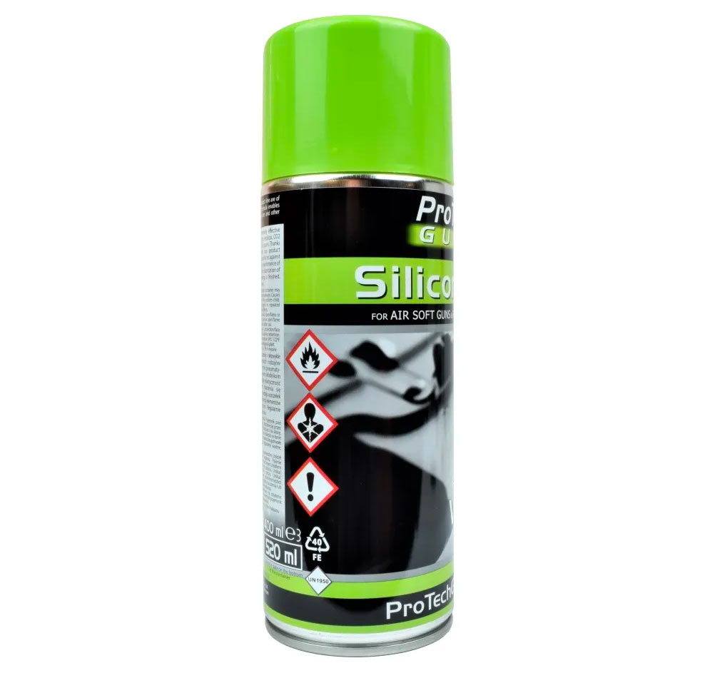 Bombe Silicone Oil ProTech Guns vue de trois quarts avec ses pictogrammes de danger