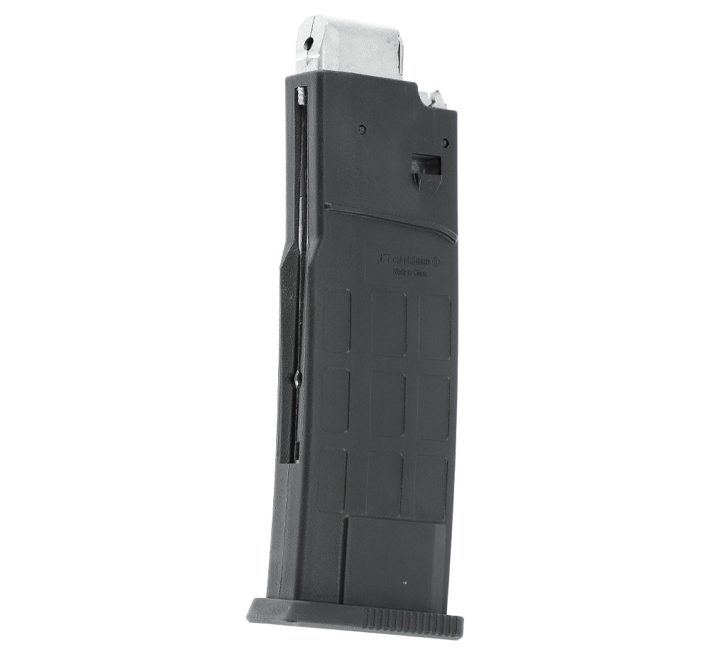 Chargeur Umarex Strike Force noir vu de trois quarts, flancs quadrillés et tête métallique