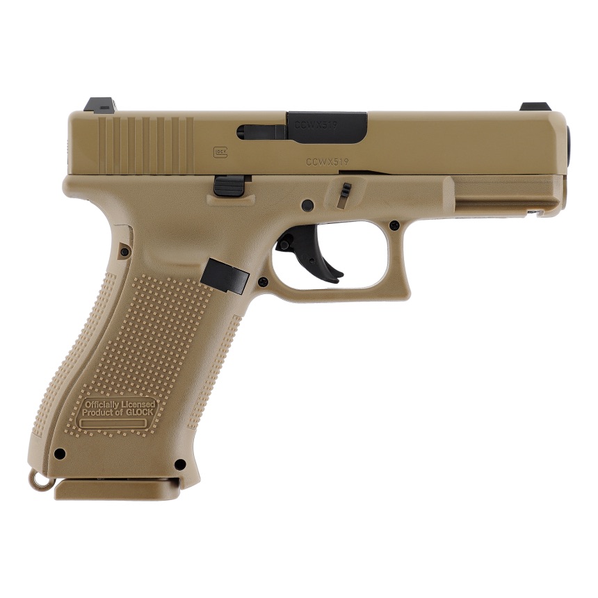 Pistolet Glock 19X coyote vu du côté droit, marquage de licence Glock au bas de la poignée
