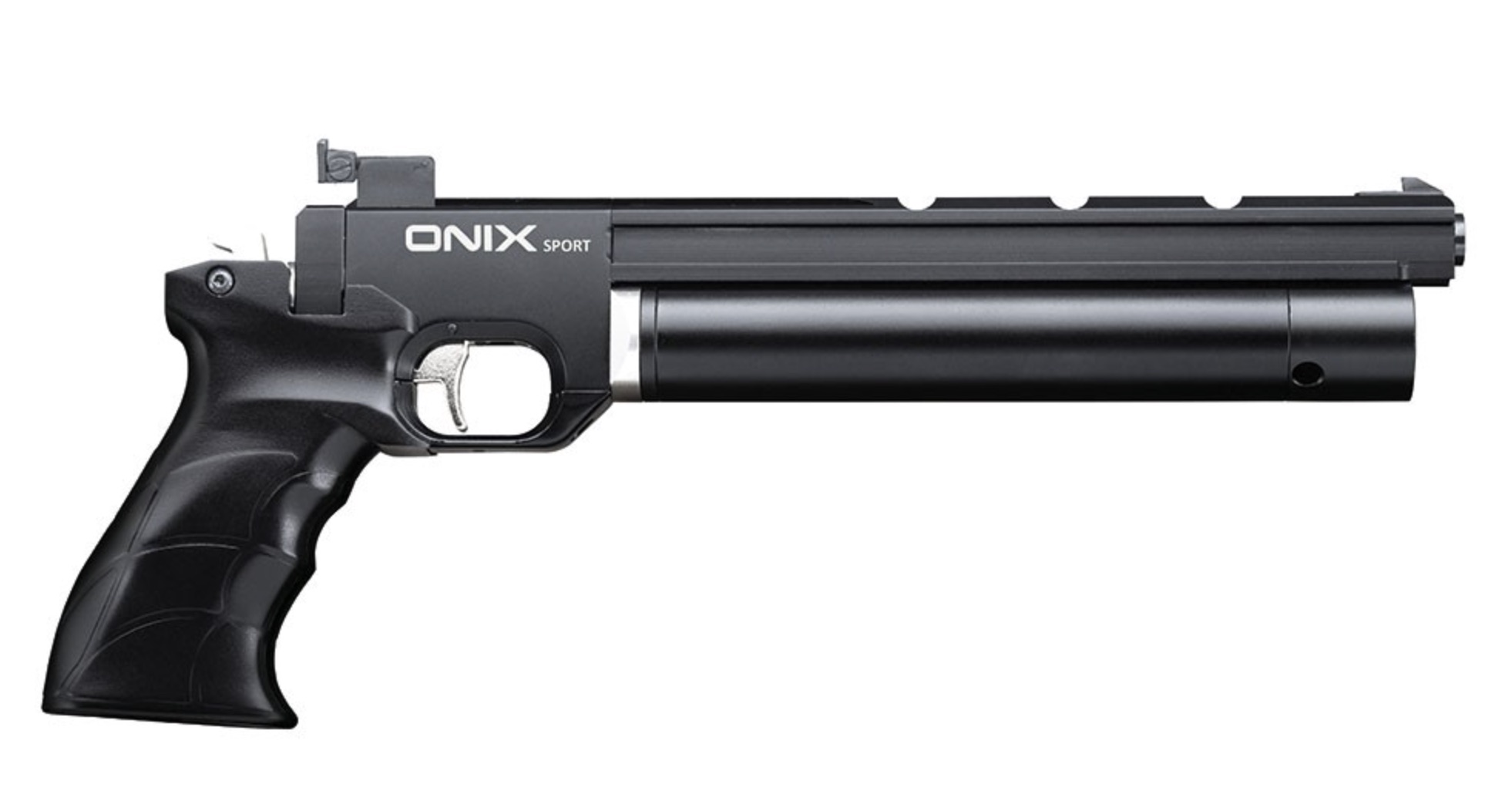 Pistolet à plomb PCP Onix Sport noir vu du côté droit, réservoir d’air sous le canon