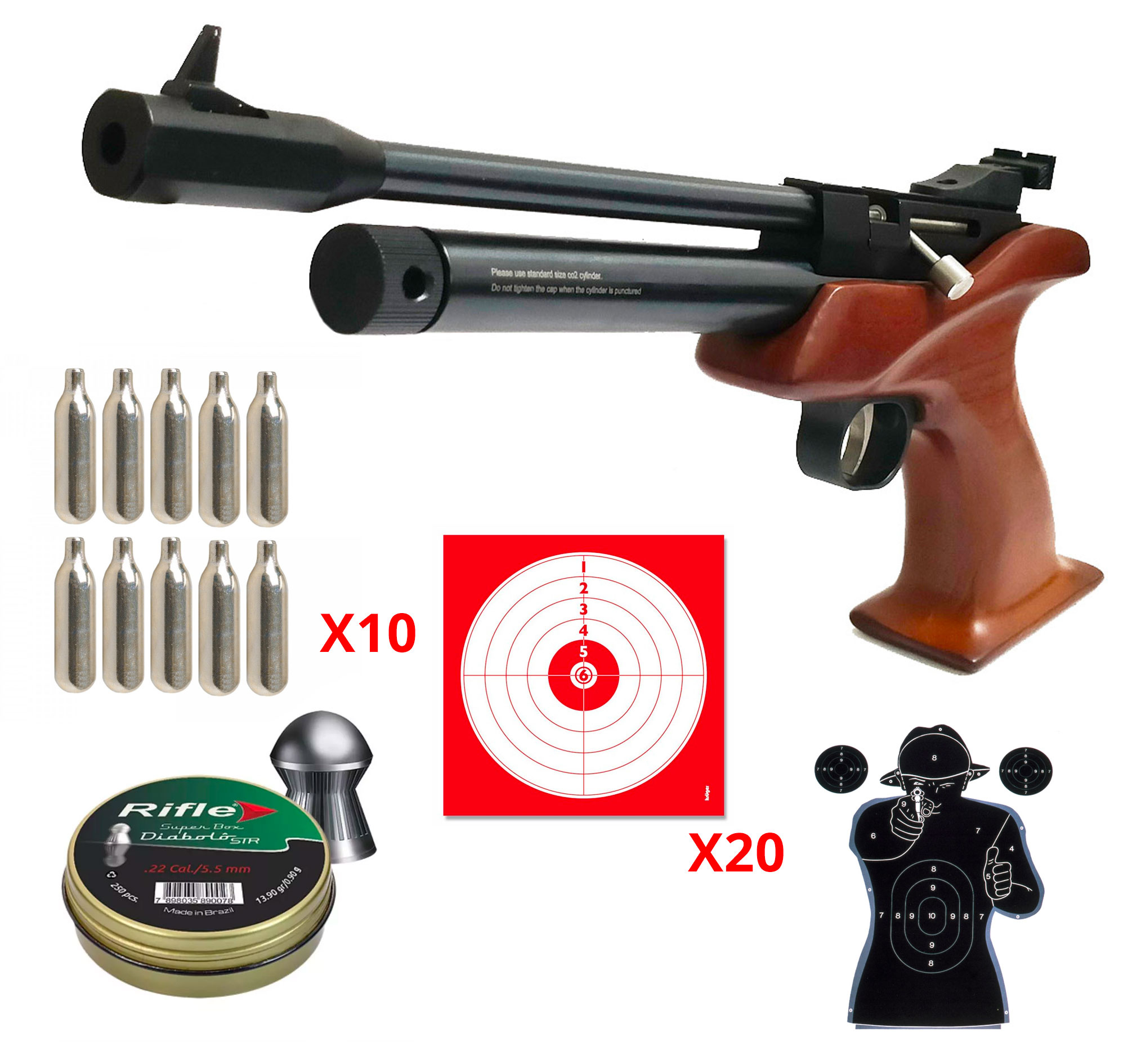 Pack Artemis CP1-M : pistolet à crosse en hêtre, 10 capsules de CO2, 250 plombs 5,5 mm, 20 cibles et cible silhouette