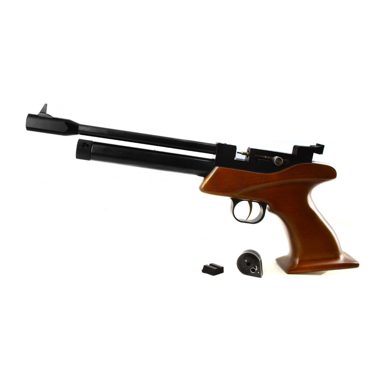 Pistolet Artemis CP1-M vu du côté gauche avec son barillet et son adaptateur monocoup posés devant