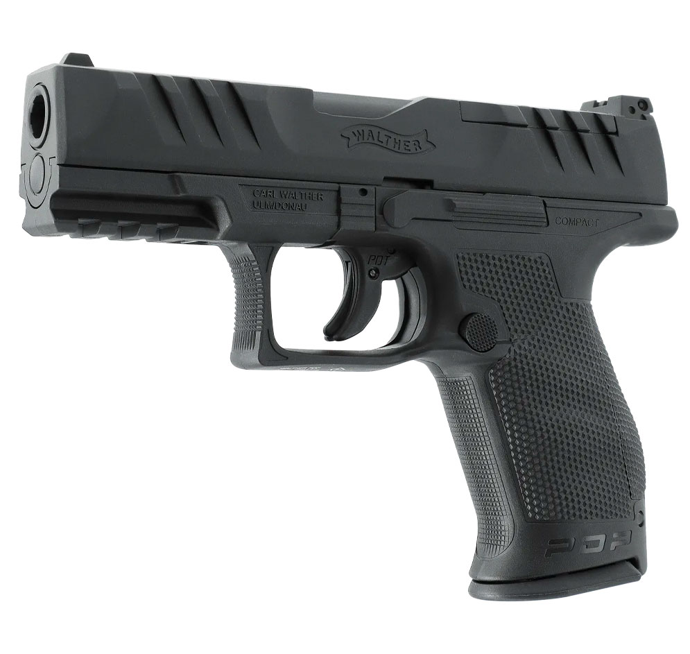Pistolet Walther PDP Compact 4 pouces noir vu de trois quarts avant, côté gauche
