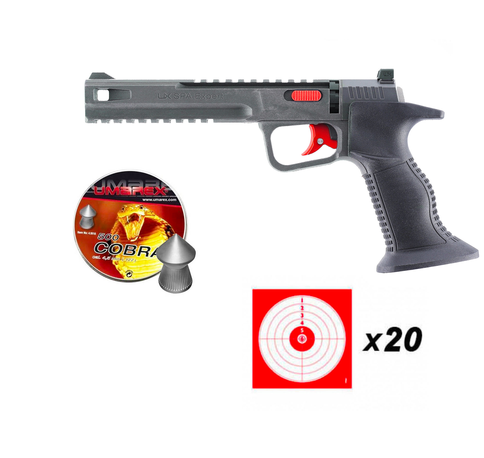 Pack UX SPA Expert : pistolet à CO2 gris et noir, boîte de 500 plombs Umarex Cobra et 20 cibles