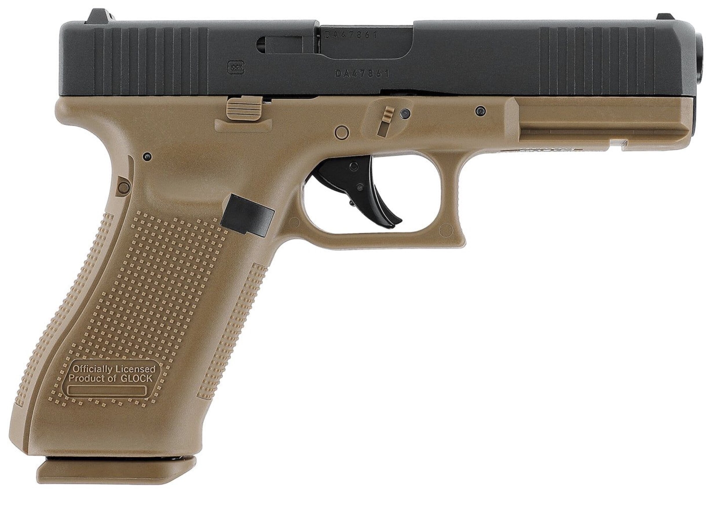 Glock 17 Gen5 Black Coyote vu du côté droit, mention de licence Glock sur la poignée
