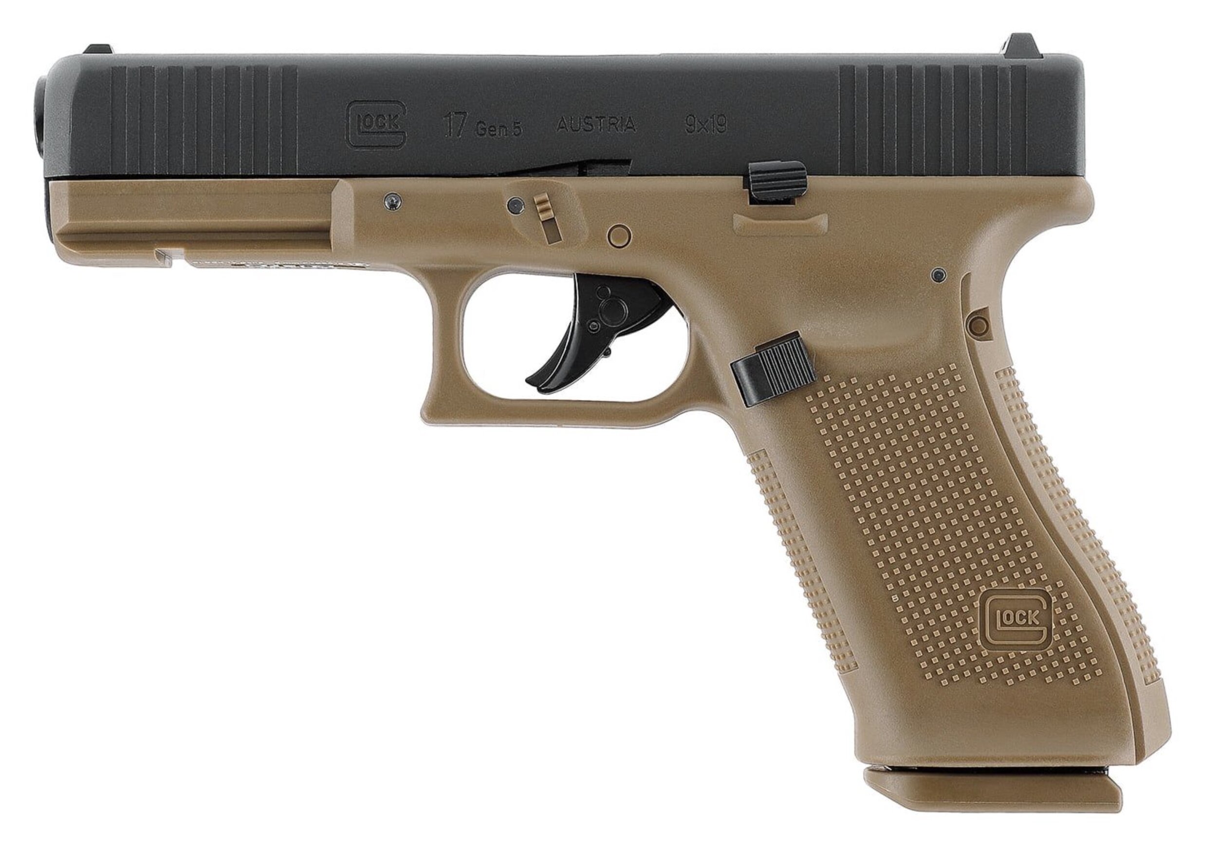 Glock 17 Gen5 Black Coyote vu du côté gauche, carcasse couleur sable et culasse noire