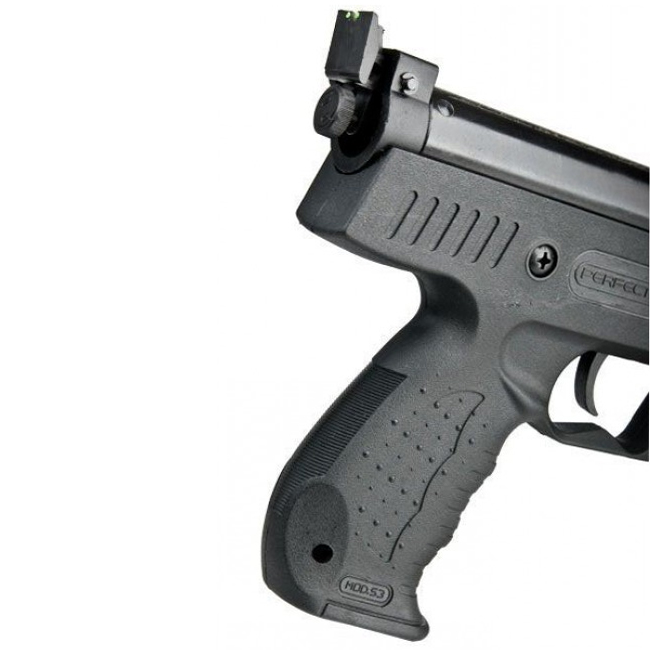 Détail de la poignée du Perfecta S3, marquage Mod. S3 et hausse réglable