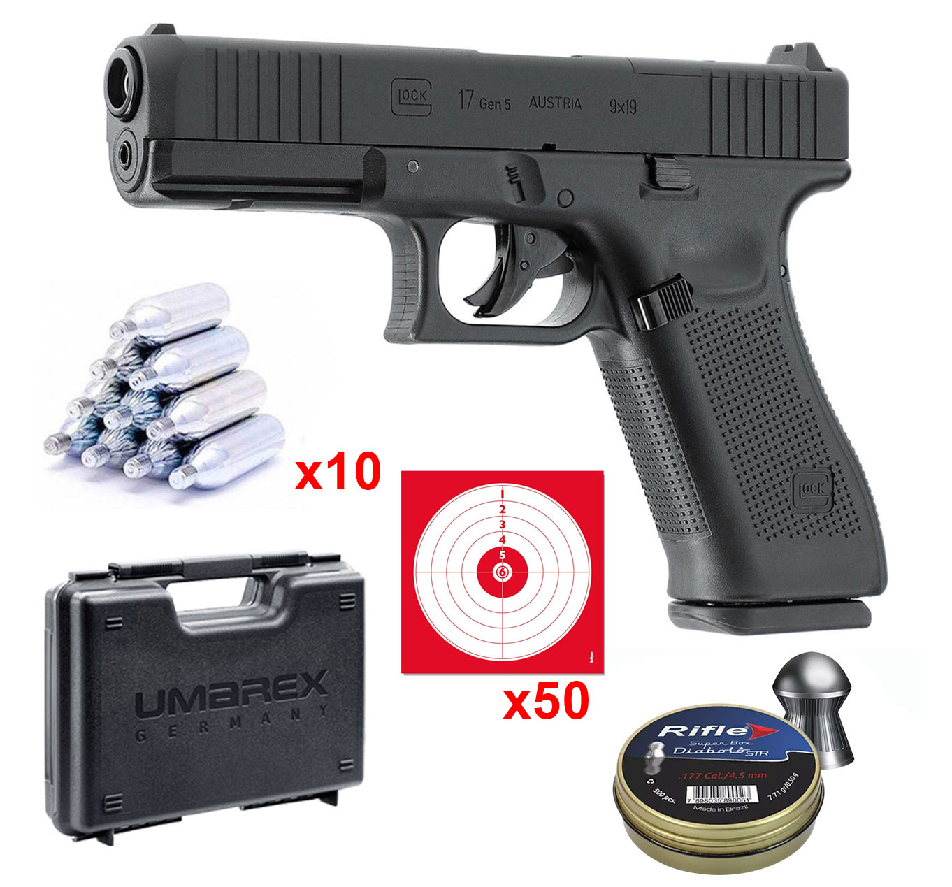 Pack Glock 17 Gen5 MOS : pistolet noir, 10 capsules de CO2, 50 cibles, mallette Umarex et 500 plombs Rifle Diabolo STR