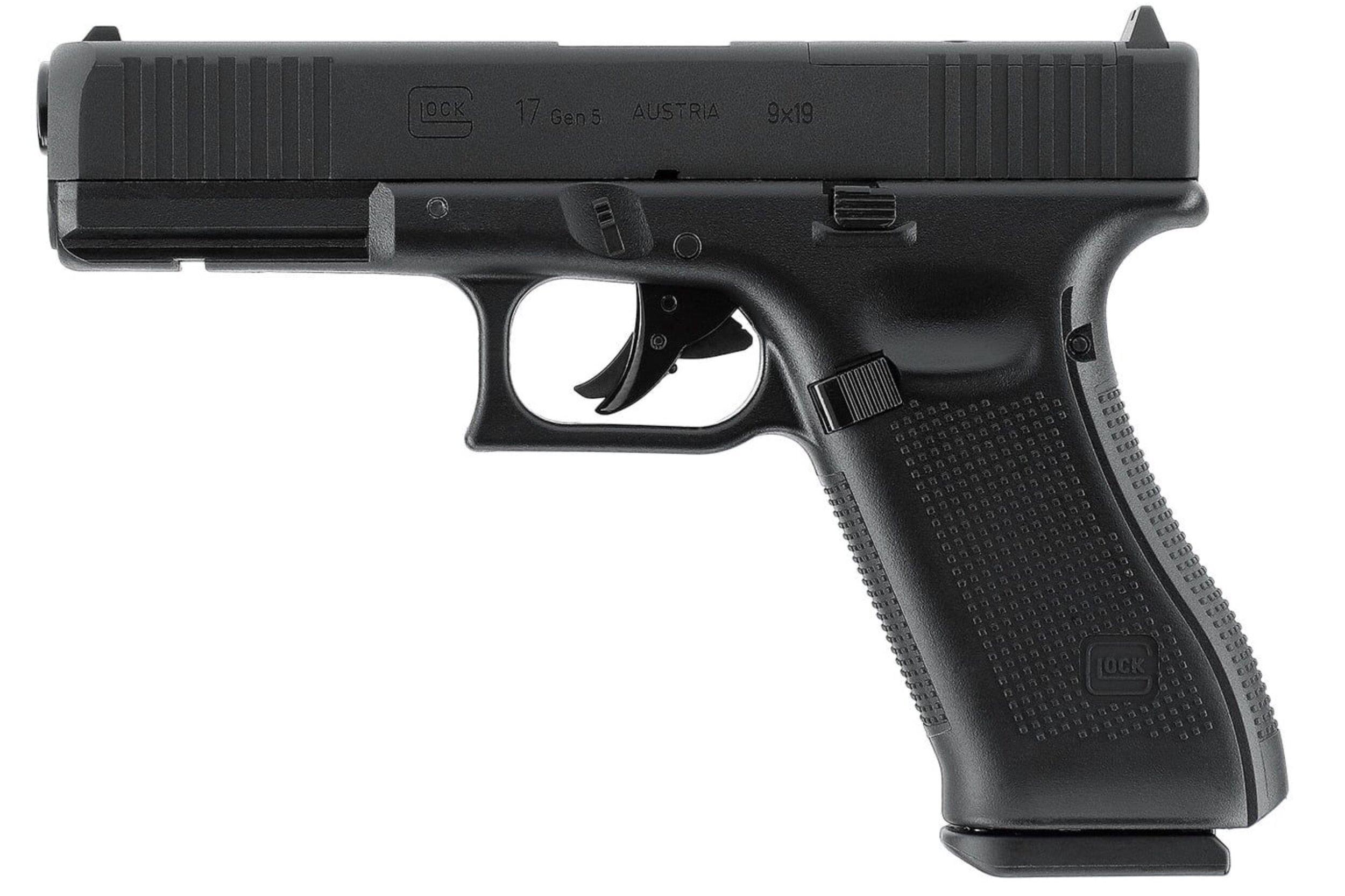 Pistolet à plomb Glock 17 Gen5 noir vu du côté gauche, marquages 17 Gen5 Austria