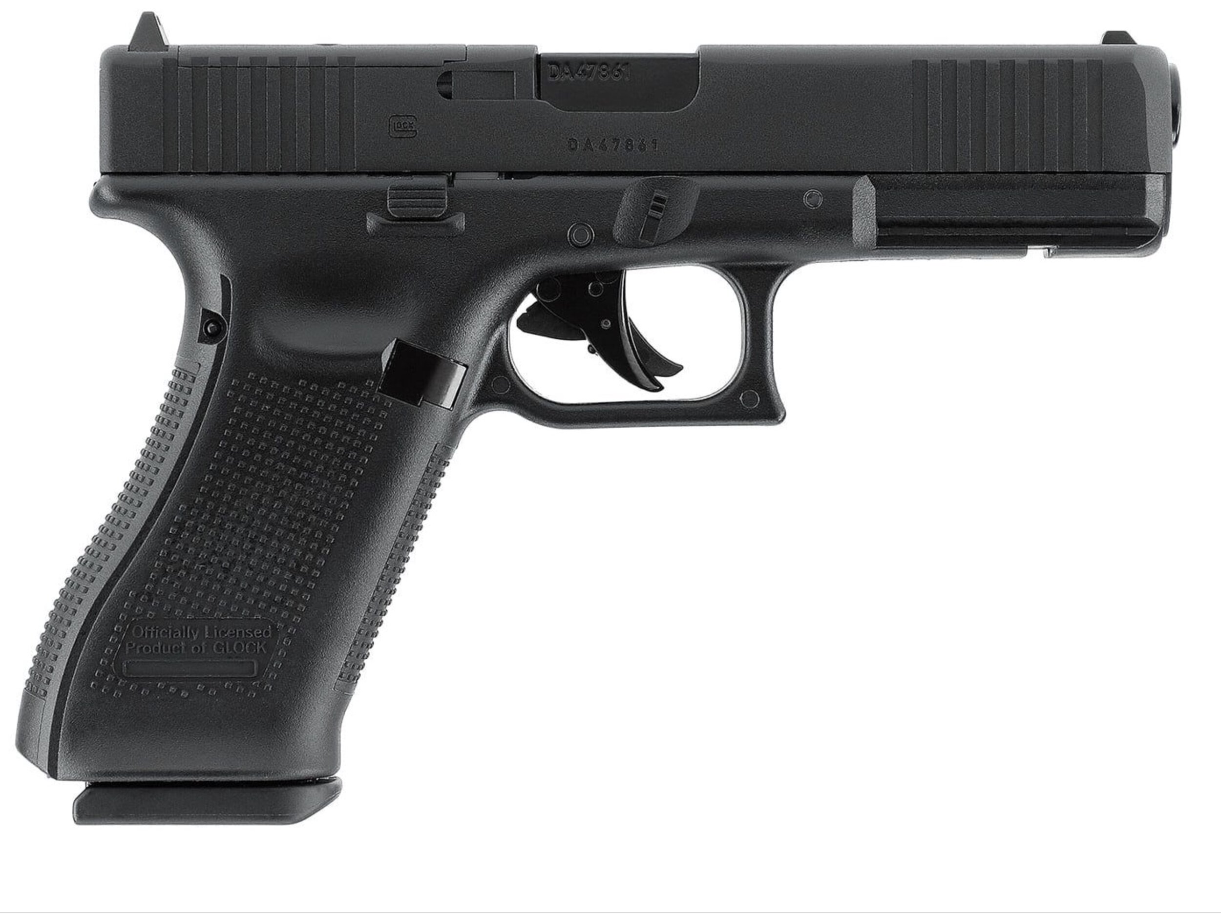 Pistolet Glock 17 Gen5 noir vu du côté droit, mention de licence Glock sur la poignée