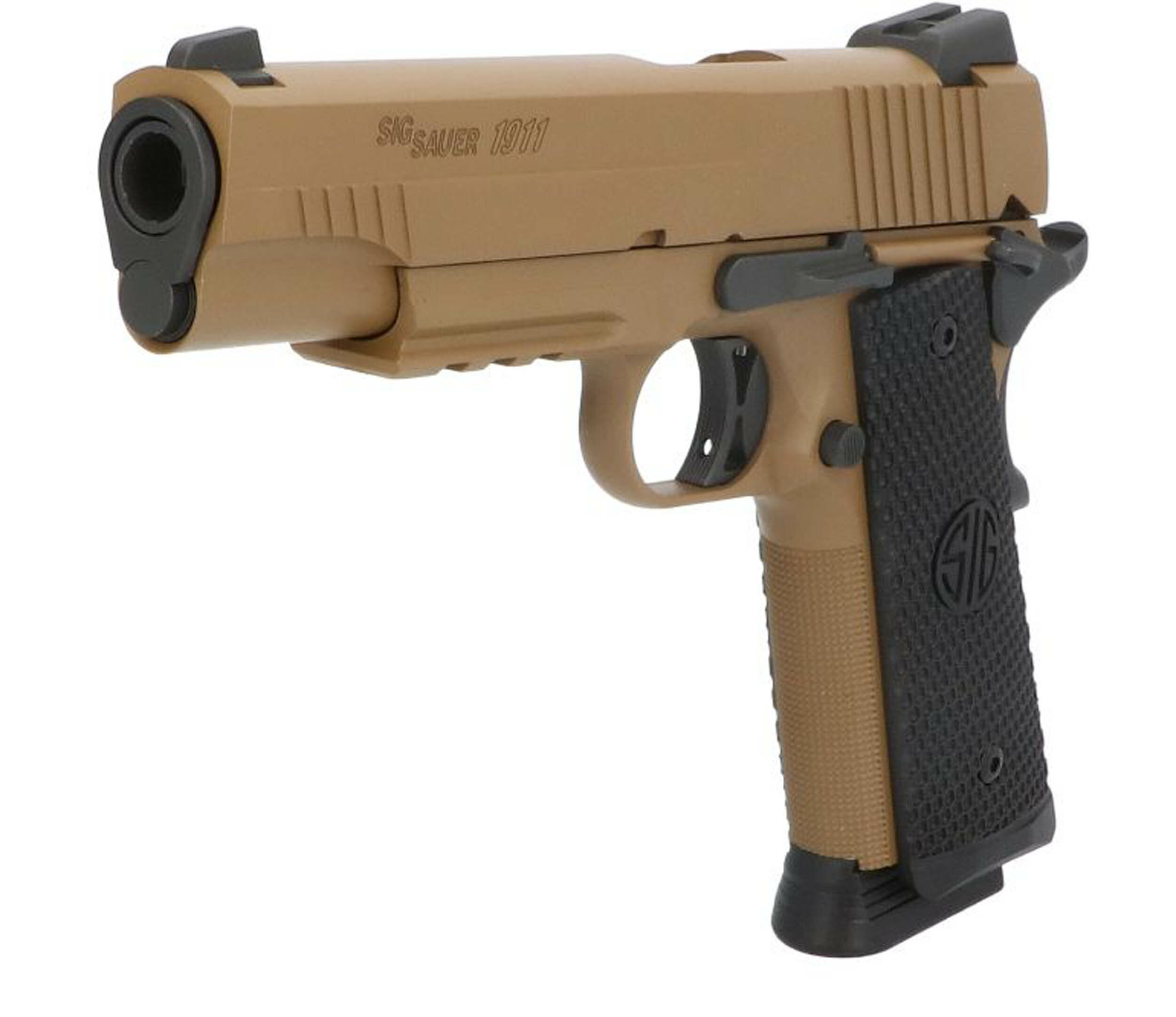Sig Sauer 1911 Emperor Scorpion vu de trois quarts avant, marquage Sig Sauer 1911 sur la glissière
