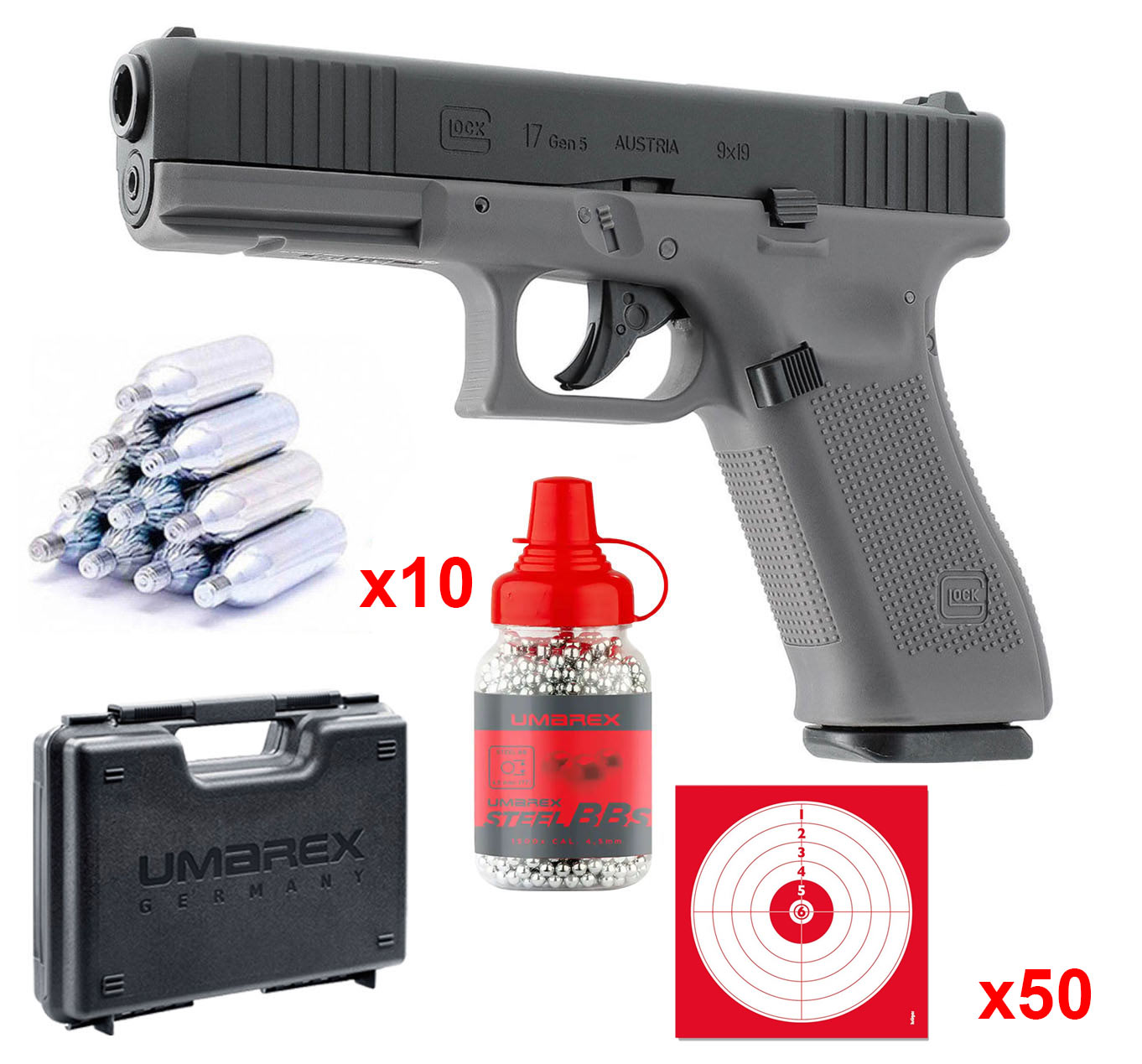 Pack Glock 17 Gen5 Tungsten Gray : pistolet, 10 capsules de CO2, mallette Umarex, flacon de billes acier et 50 cibles