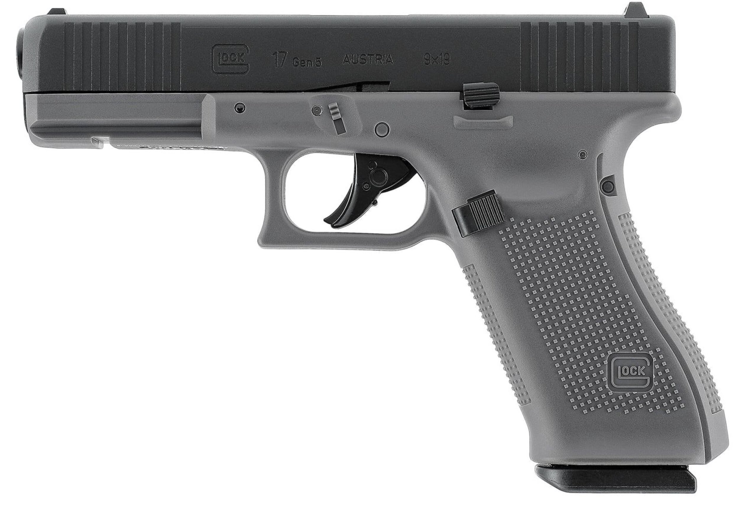 Glock 17 Gen5 Tungsten Gray vu du côté gauche, carcasse grise et culasse noire