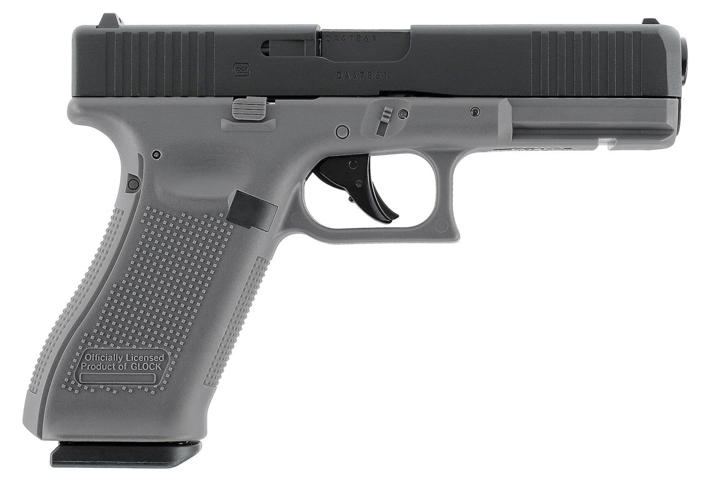 Glock 17 Gen5 Tungsten Gray vu du côté droit, mention de licence Glock sur la poignée