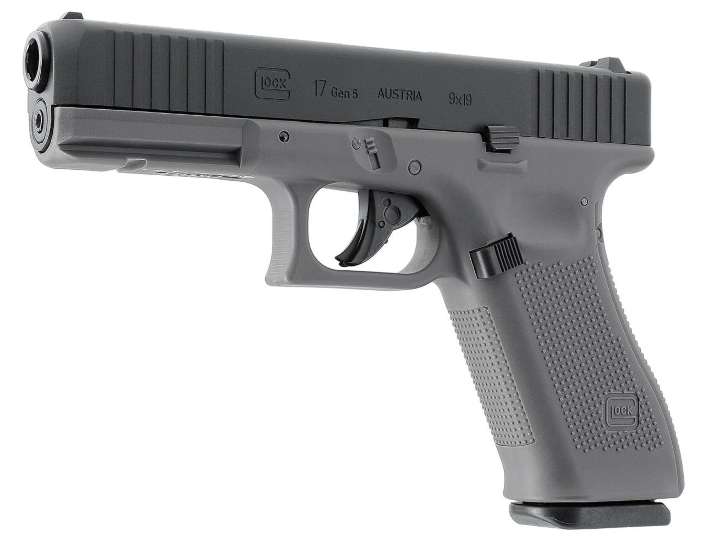 Glock 17 Gen5 Tungsten Gray vu de trois quarts avant, rail sous le canon